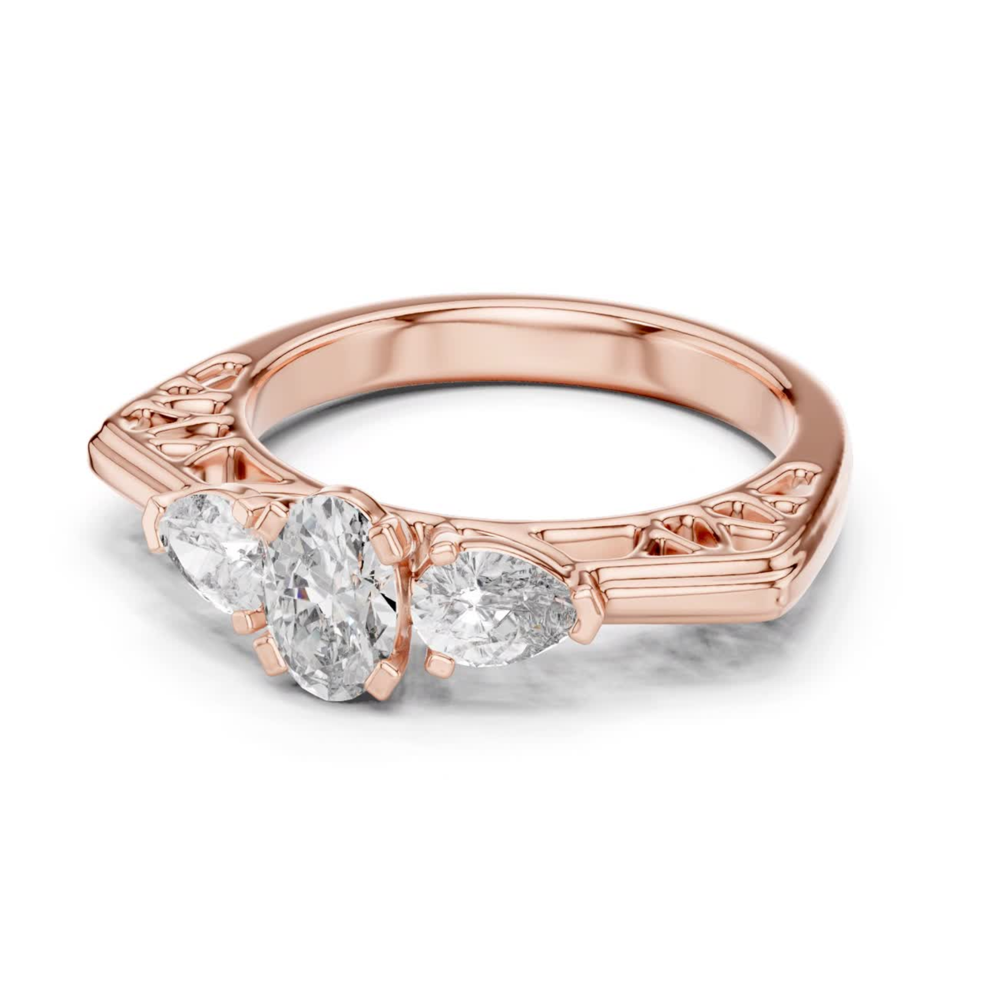 Rose gold oval cut diamond ring front view
Three stone pear side diamond ring rose gold
Oval center diamond ring with pear sides rose gold
Front angle rose gold three stone diamond ring
Rose gold engagement ring oval cut center stone
Pear side diamond ring rose gold setting
Oval cut diamond ring rose gold close view
Rose gold ring with three stone design
Side view oval cut diamond ring rose gold
Minimal three stone diamond ring rose gold