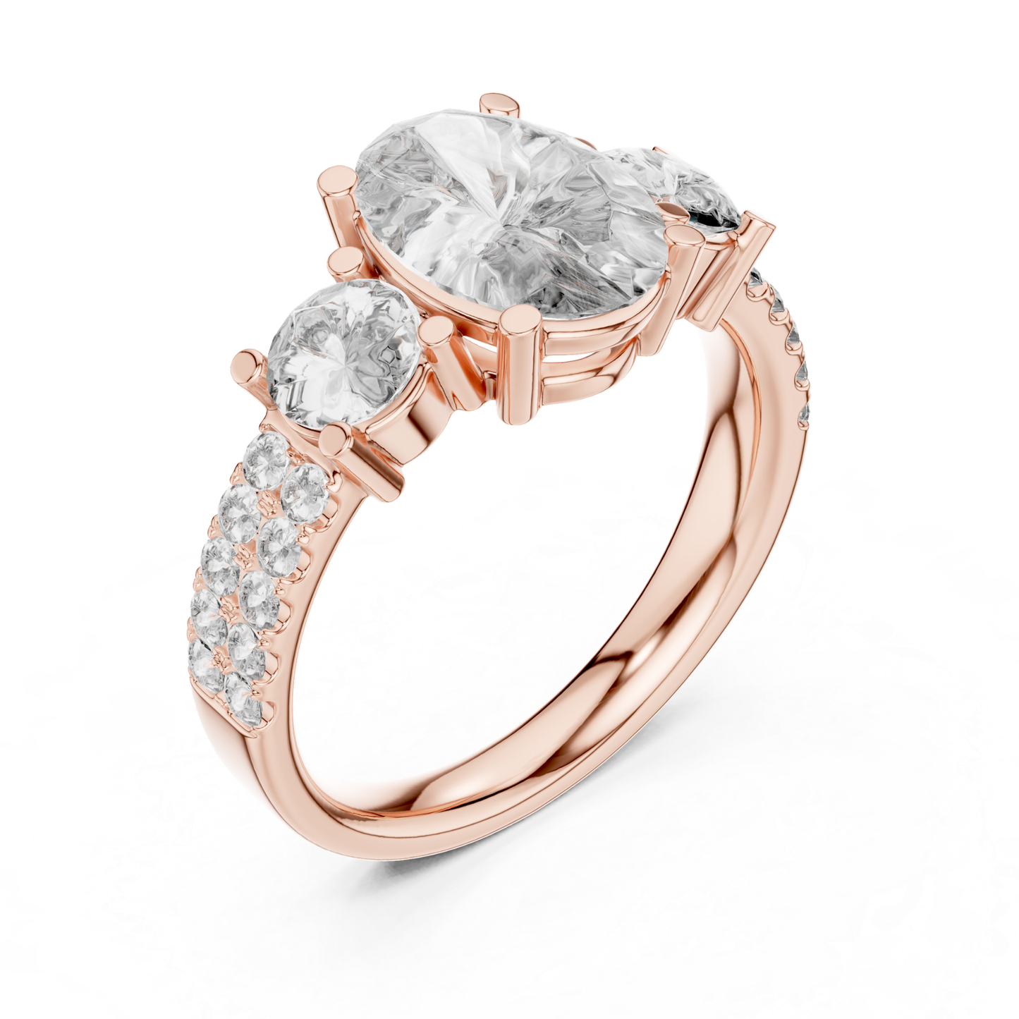 Angle view oval diamond engagement ring in rose gold
Rose gold oval diamond ring with pave side details
Oval cut diamond angle view ring with side stones
Rose gold three stone oval diamond bridal ring
Oval lab diamond ring with diamond accent shank
Rose gold oval diamond ring with prong setting
Elegant angle view oval diamond statement ring
Oval center stone engagement ring in rose gold
Rose gold oval diamond ring with polished band
Luxury oval diamond ring angle profile in rose gold