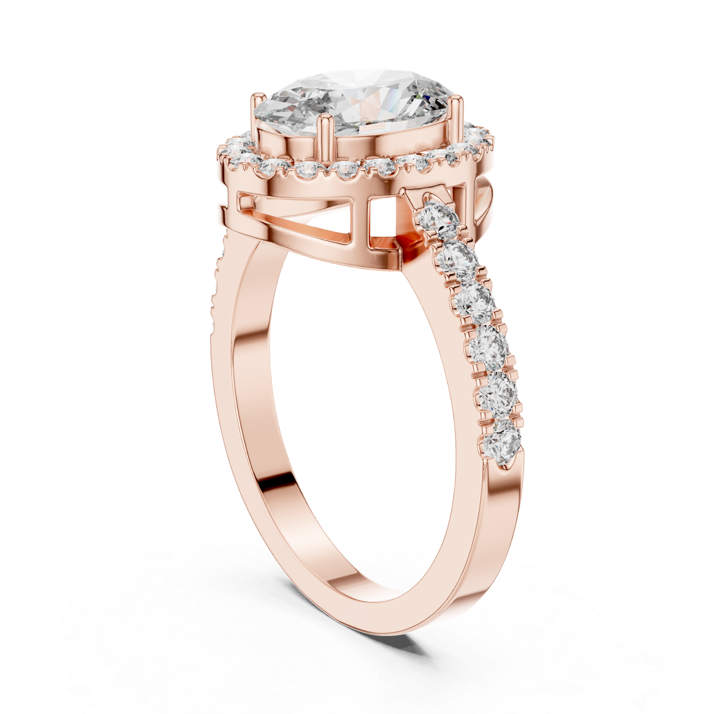 Rose gold oval halo diamond ring rear angle view
Rear angle of oval halo diamond ring
Rose gold oval halo ring with open gallery
Oval diamond halo ring with pavé band
Rose gold oval center diamond halo ring
Lab grown oval halo diamond ring
Rose gold ring with oval halo setting
Rear profile of oval halo engagement ring
Rose gold polished oval halo ring
Oval halo diamond ring with accent diamonds