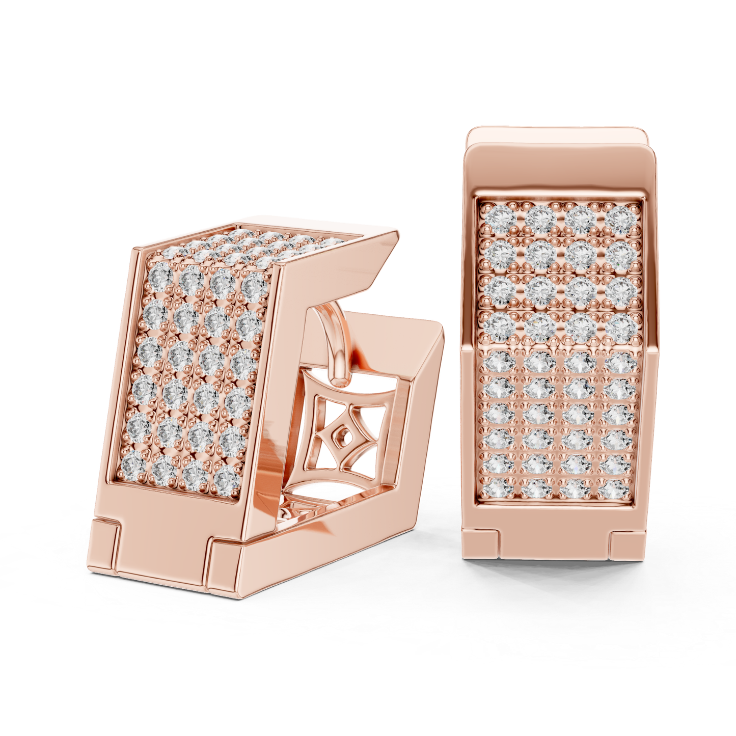 Perspective view rose gold Pave diamond hoop earrings
Rose gold round diamond hoop earrings geometric design
Rose gold diamond hoop earrings angled perspective
Multi row Pave diamond earrings in rose gold
Rose gold rectangular diamond hoop earrings
Round diamond Pave earrings with open gallery
Rose gold diamond earrings three quarter view
Geometric hoop earrings with round diamonds in rose gold
Rose gold Pave diamond earrings showcase view
Modern rose gold round diamond hoop earrings