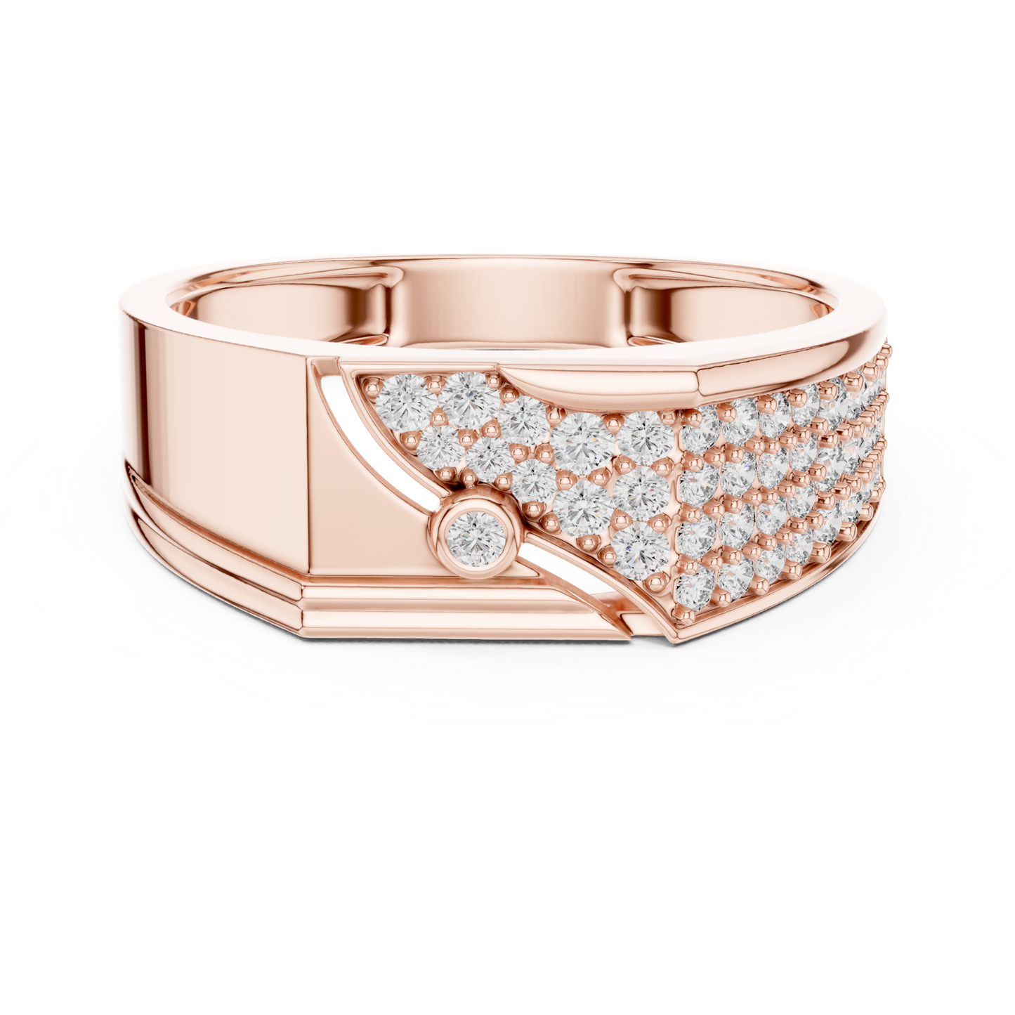 Rose gold pave diamond statement band ring
Modern rose gold ring with pave diamonds
Rose gold geometric pave diamond band
Wide rose gold diamond fashion ring
Contemporary rose gold statement diamond ring
Rose gold luxury band with round diamonds
Bold rose gold pave diamond ring design
Elegant rose gold geometric diamond band
Rose gold designer ring with diamond details
Rose gold wide statement ring with diamonds
