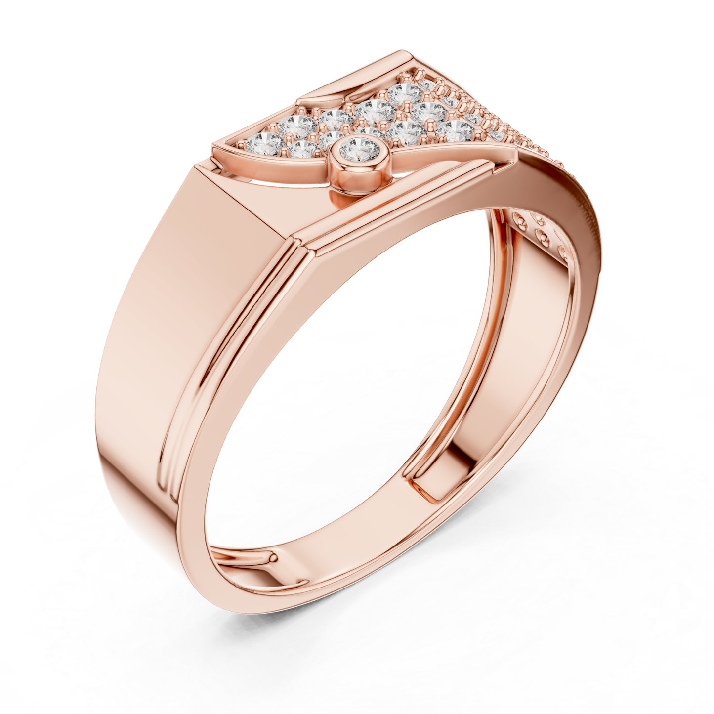 Rose gold pave diamond statement ring side view
Side angle rose gold diamond fashion ring
Rose gold geometric pave diamond ring profile
Modern rose gold wide band with diamonds
Contemporary rose gold statement diamond ring
Rose gold luxury ring with pave diamonds
Elegant rose gold designer diamond band
Bold rose gold ring with diamond detailing
Rose gold polished statement ring perspective
Rose gold fashion band with pave diamonds