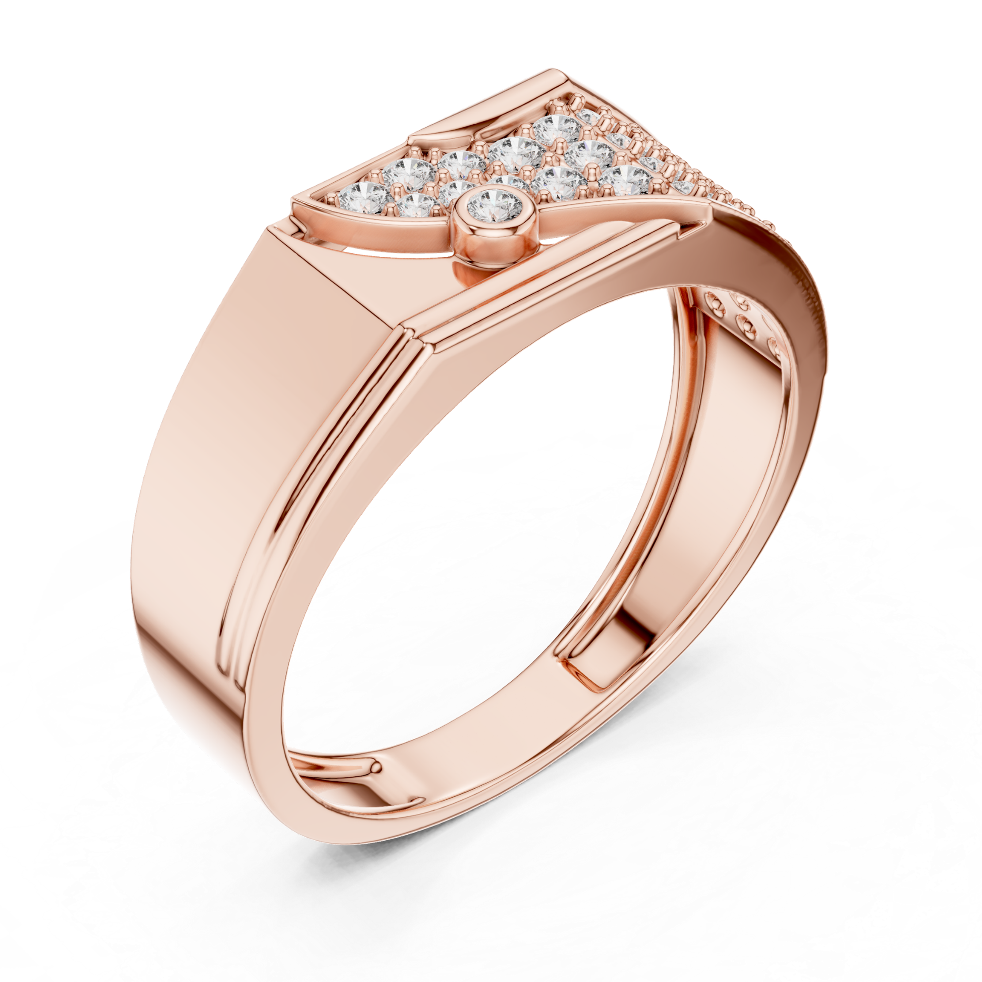 Rose gold pave diamond statement ring side view
Side angle rose gold diamond fashion ring
Rose gold geometric pave diamond ring profile
Modern rose gold wide band with diamonds
Contemporary rose gold statement diamond ring
Rose gold luxury ring with pave diamonds
Elegant rose gold designer diamond band
Bold rose gold ring with diamond detailing
Rose gold polished statement ring perspective
Rose gold fashion band with pave diamonds
