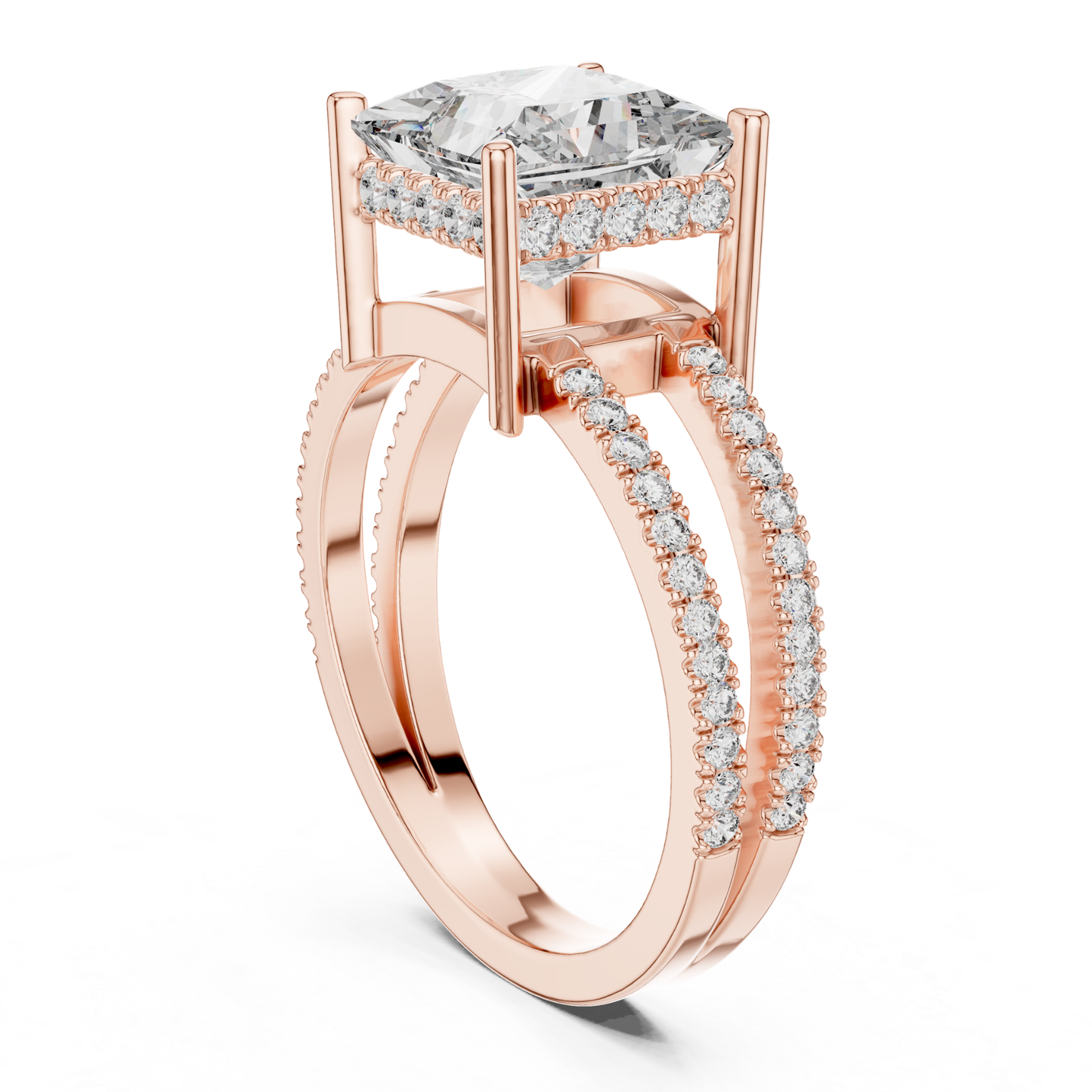 Rose gold princess diamond ring back angle view
Rear perspective of split shank princess diamond ring
Rose gold ring with elevated princess cut diamond
Elegant double band ring with pave diamond details
Princess cut solitaire ring with open gallery setting
Modern rose gold engagement ring rear profile
Fine rose gold ring with tall prong structure
Split shank diamond ring with pave side bands
Rose gold statement ring with princess center stone
Back angled view of princess diamond split band ring