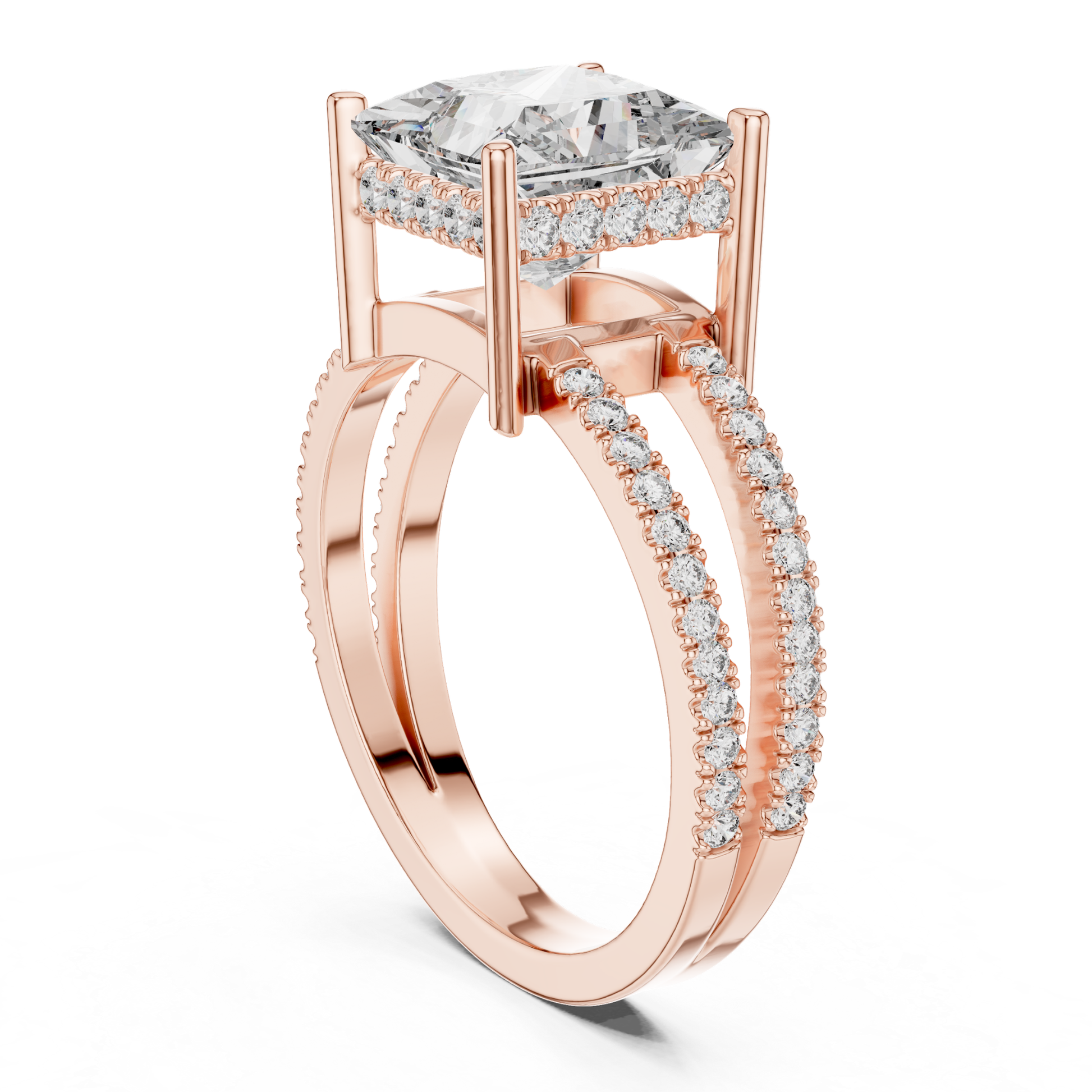 Rose gold princess diamond ring back angle view
Rear perspective of split shank princess diamond ring
Rose gold ring with elevated princess cut diamond
Elegant double band ring with pave diamond details
Princess cut solitaire ring with open gallery setting
Modern rose gold engagement ring rear profile
Fine rose gold ring with tall prong structure
Split shank diamond ring with pave side bands
Rose gold statement ring with princess center stone
Back angled view of princess diamond split band ring