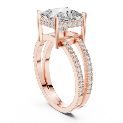Rose gold princess diamond ring back angle view
Rear perspective of split shank princess diamond ring
Rose gold ring with elevated princess cut diamond
Elegant double band ring with pave diamond details
Princess cut solitaire ring with open gallery setting
Modern rose gold engagement ring rear profile
Fine rose gold ring with tall prong structure
Split shank diamond ring with pave side bands
Rose gold statement ring with princess center stone
Back angled view of princess diamond split band ring