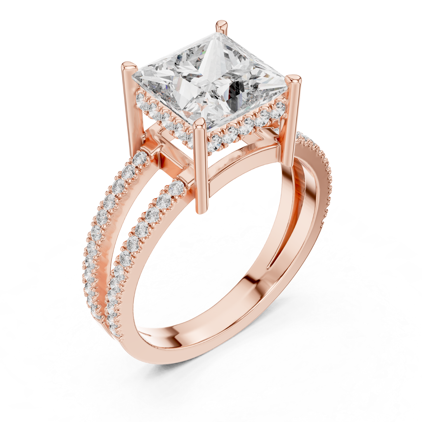 Rose gold princess diamond ring
Split shank rose gold ring with princess cut solitaire
Large princess diamond ring with pave split band
Rose gold engagement ring with elevated diamond setting
Elegant princess cut diamond ring with double shank
Modern rose gold statement ring with pave accents
Fine rose gold ring with four prong princess diamond setting
Princess cut diamond ring with open gallery structure
Angled view of rose gold split shank diamond ring
Rose gold solitaire ring with pave diamond