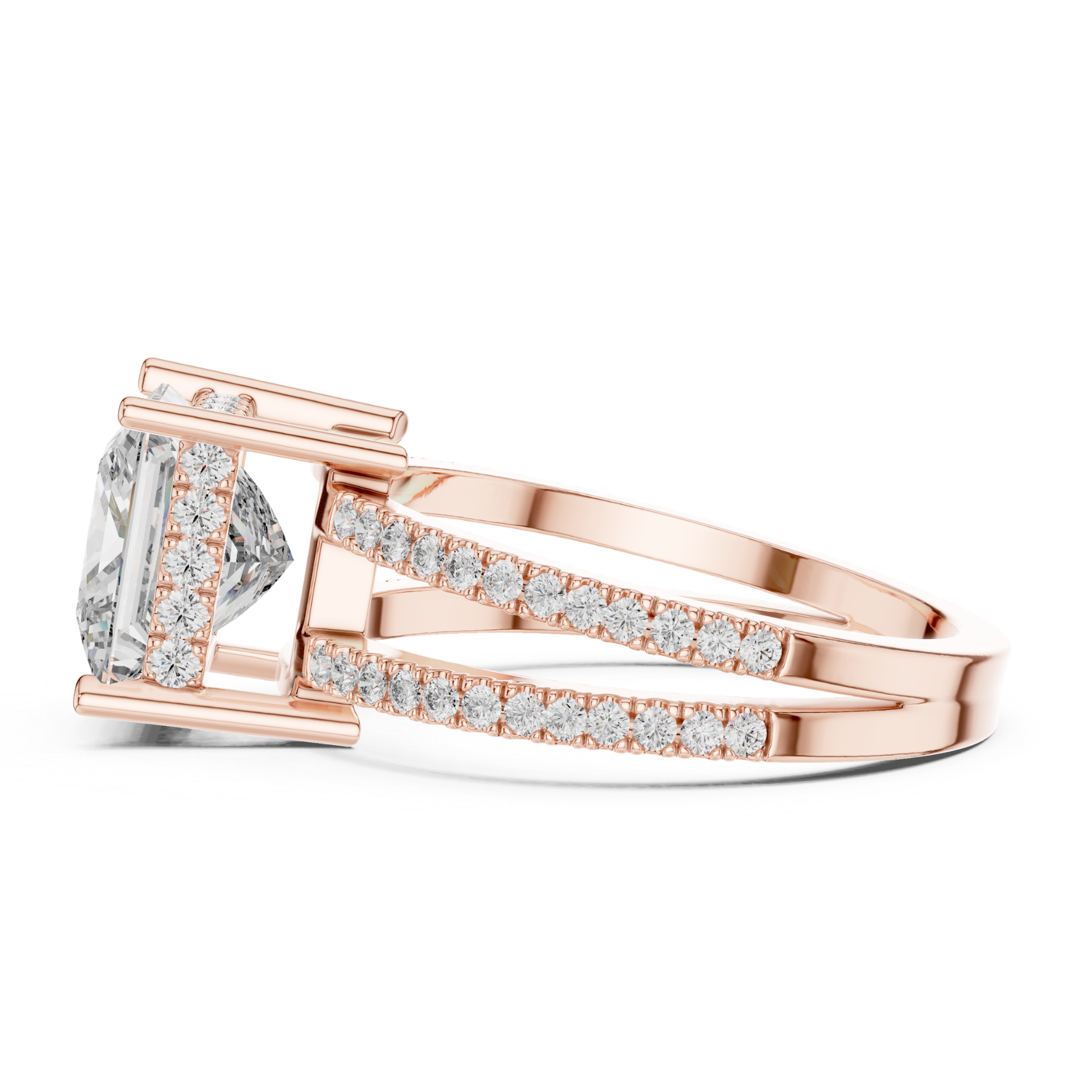 Rose gold princess diamond ring profile side view
Side profile of split shank princess diamond ring
Rose gold ring with princess cut center diamond
Elegant split shank ring with pave diamond bands
Princess diamond solitaire ring with open gallery
Modern rose gold engagement ring profile angle
Fine rose gold ring with elevated princess setting
Double band princess diamond ring side profile
Rose gold statement ring with pave details
Princess cut diamond ring with slim split shank