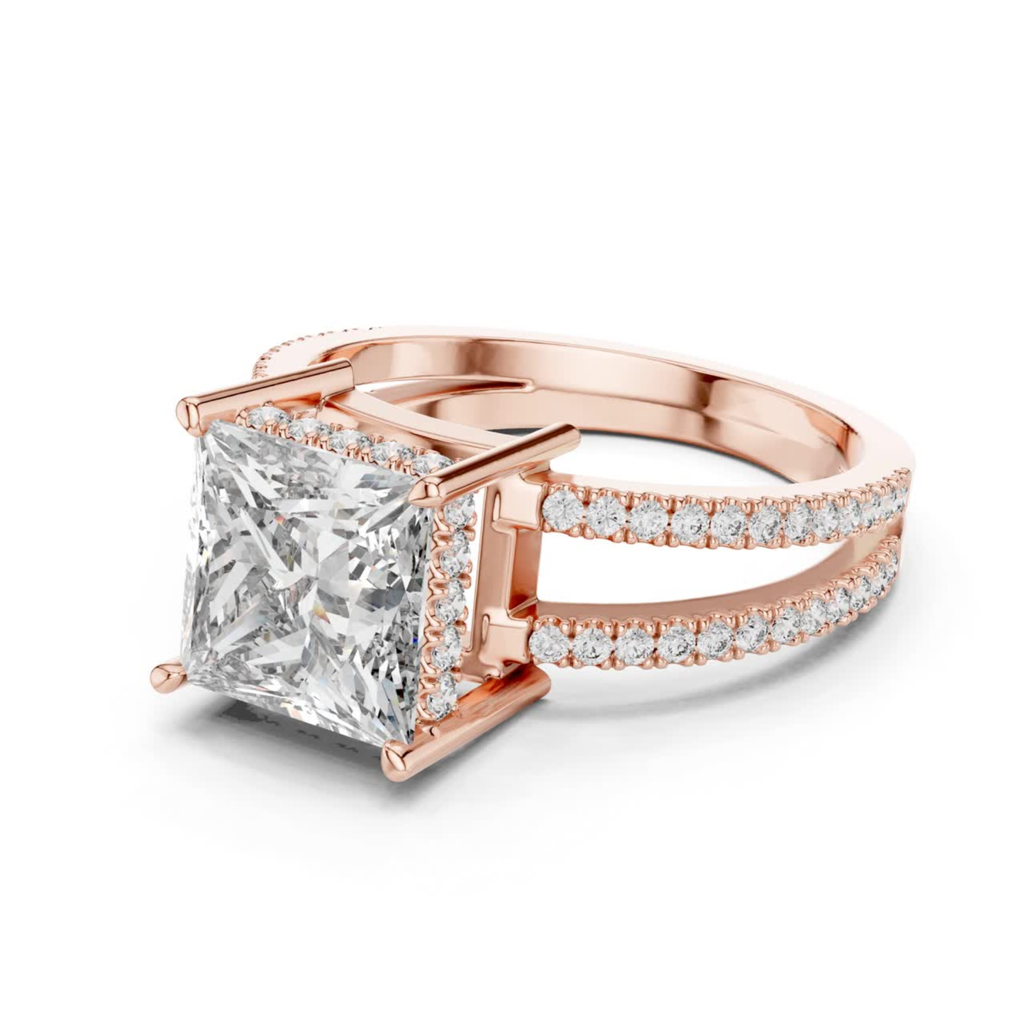 Rose gold princess diamond ring side angle view
Split shank rose gold ring with princess cut diamond
Large princess cut diamond ring with pave band detail
Rose gold engagement ring with double split shank
Side view of princess diamond solitaire ring in rose gold
Elegant rose gold ring with pave accent diamond
Modern split band ring with elevated princess diamond
Fine rose gold ring with four prong princess setting
Princess cut diamond ring with open gallery design
Rose gold ring with split pave shank