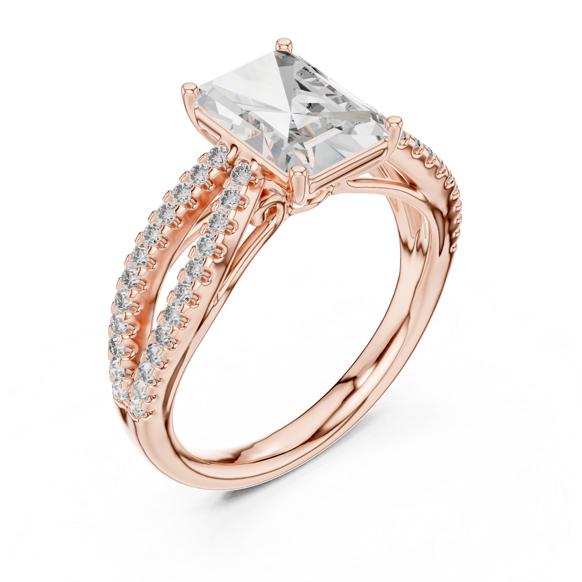 Angled side view radiant cut diamond ring in rose gold
Rose gold radiant diamond ring with split pave shank
Radiant cut diamond ring angled side profile
Rose gold radiant center stone ring with pave band
Side angle radiant diamond bridal ring in rose gold
Rose gold radiant diamond ring with double split shank
Elegant radiant cut ring with pave diamond detailing
Angled profile radiant diamond ring with polished rose gold band
Luxury rose gold radiant cut diamond ring
Rose gold radiant diamond ring