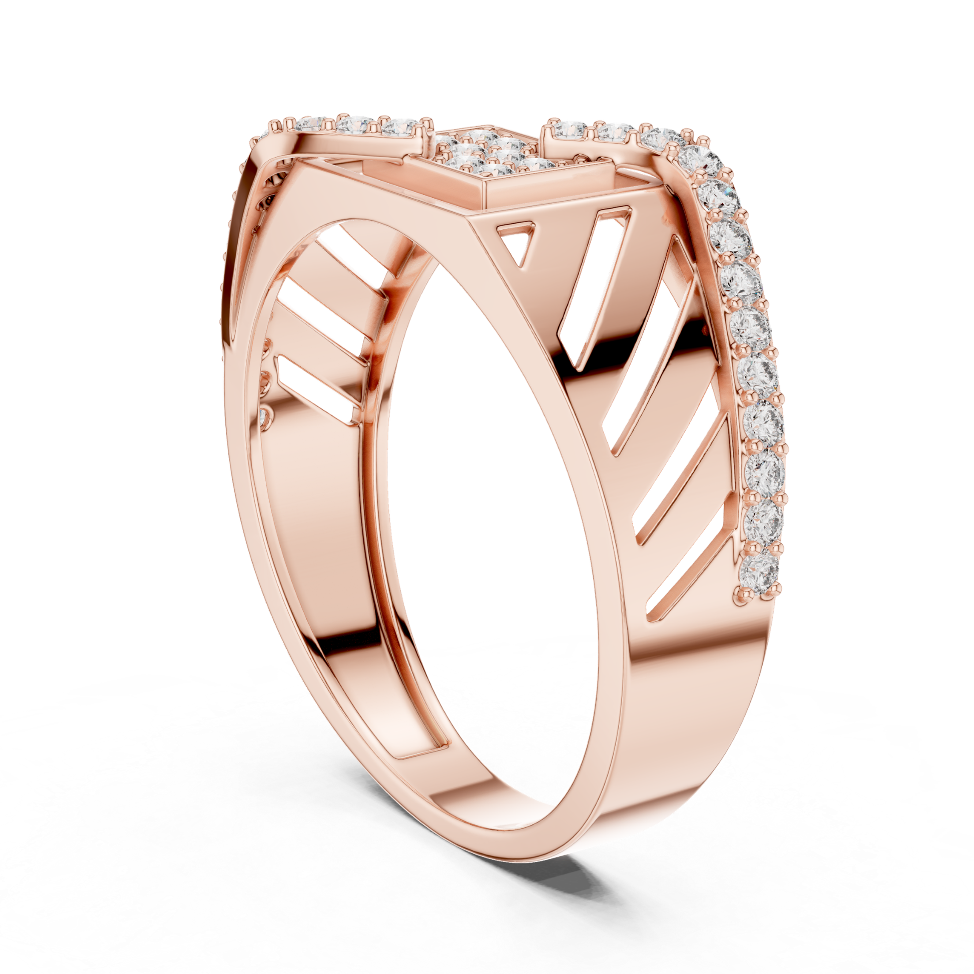 Rose gold Roman style diamond ring side profile
Side profile rose gold geometric diamond ring
Roman numeral rose gold diamond band view
Rose gold statement ring with round diamonds
Wide band rose gold diamond ring profile
Modern rose gold architectural style ring
Rose gold luxury diamond ring side angle
Contemporary rose gold fashion band ring
Rose gold designer ring with diamond accents
Geometric rose gold diamond ring perspective view