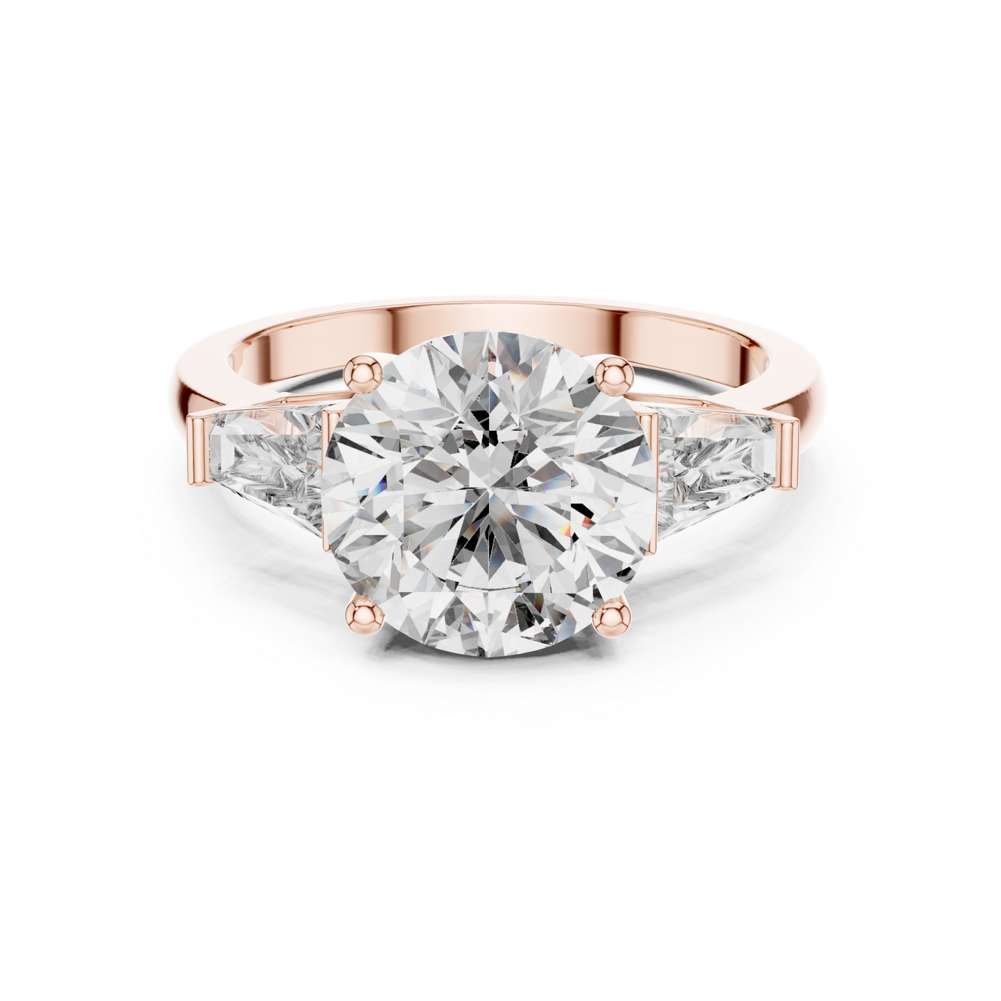 Rose gold round brilliant three stone ring
Round brilliant diamond ring with trapezoid side stones
Rose gold three stone engagement ring
Round brilliant diamond ring in rose gold
Rose gold ring with tapered side diamonds
Lab grown round brilliant three stone ring
Rose gold round center diamond ring
Three stone diamond ring with polished band
Round brilliant diamond ring with side stones
Classic three stone diamond ring