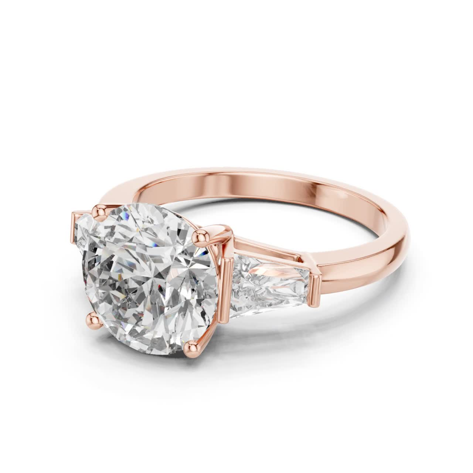 Rose gold round brilliant three stone ring angled view
Round brilliant diamond ring with trapezoid side stones
Rose gold three stone diamond engagement ring
Angled view of round brilliant three stone ring
Rose gold ring with tapered side diamonds
Lab grown round brilliant three stone ring
Rose gold round center diamond ring
Three stone diamond ring with polished band
Round brilliant diamond ring with side stones
Classic three stone engagement ring
