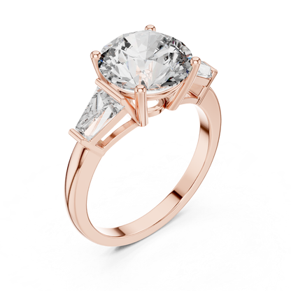 Rose gold round brilliant three stone ring perspective view
Round brilliant diamond ring with trapezoid side stones
Rose gold three stone engagement ring
Perspective view of round brilliant three stone ring
Rose gold round brilliant diamond ring
Lab grown round brilliant three stone ring
Rose gold ring with tapered side diamonds
Round brilliant ring with open gallery setting
Rose gold polished three stone diamond ring
Classic round brilliant engagement ring