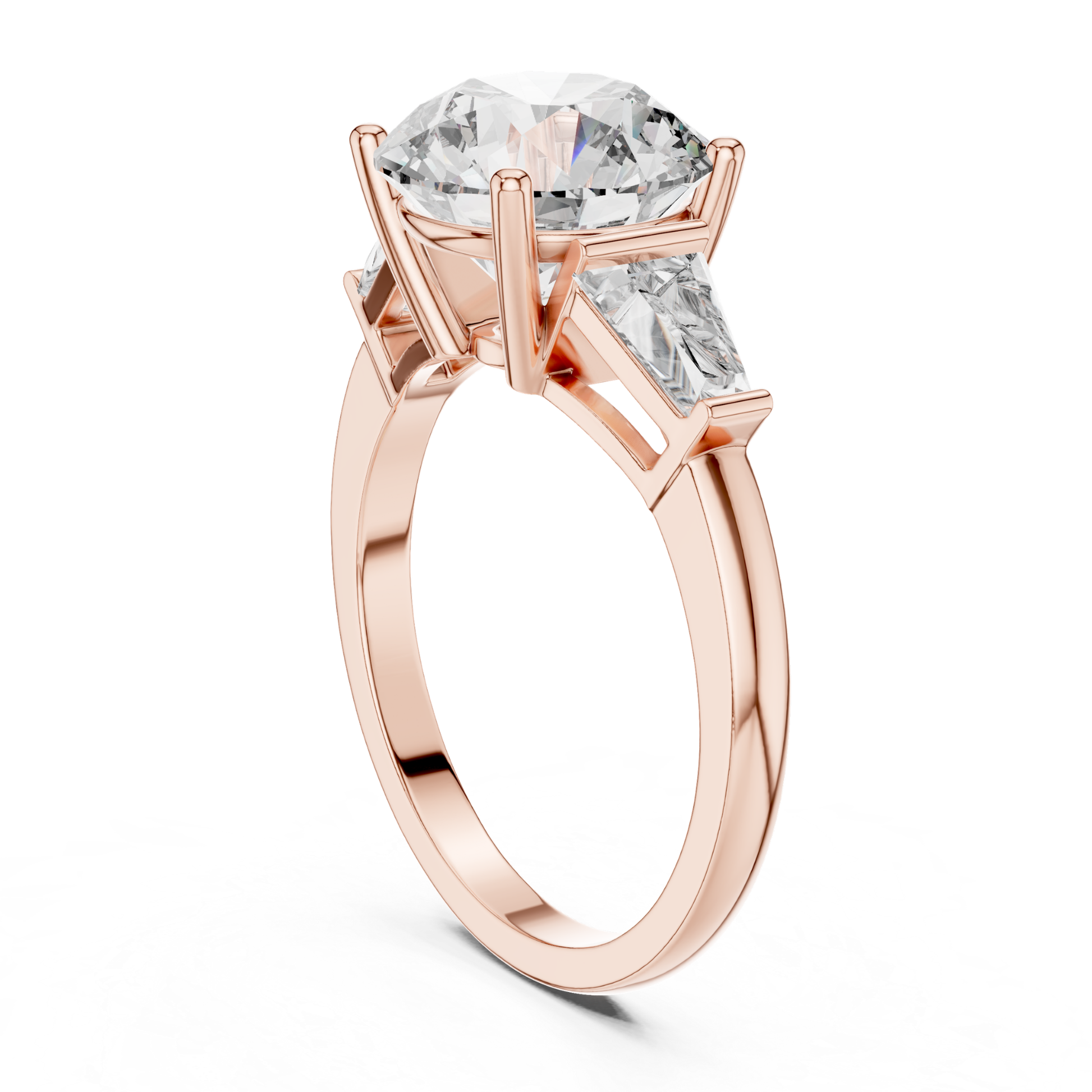 Rose gold round brilliant three stone ring rear angle view
Rear angle of round brilliant three stone ring
Rose gold round brilliant ring with trapezoid side stones
Round brilliant diamond ring with open gallery
Rose gold three stone engagement ring
Lab grown round brilliant three stone ring
Rose gold ring with tapered side diamonds
Rear profile of round brilliant diamond ring
Rose gold polished three stone ring
Classic round brilliant three stone ring