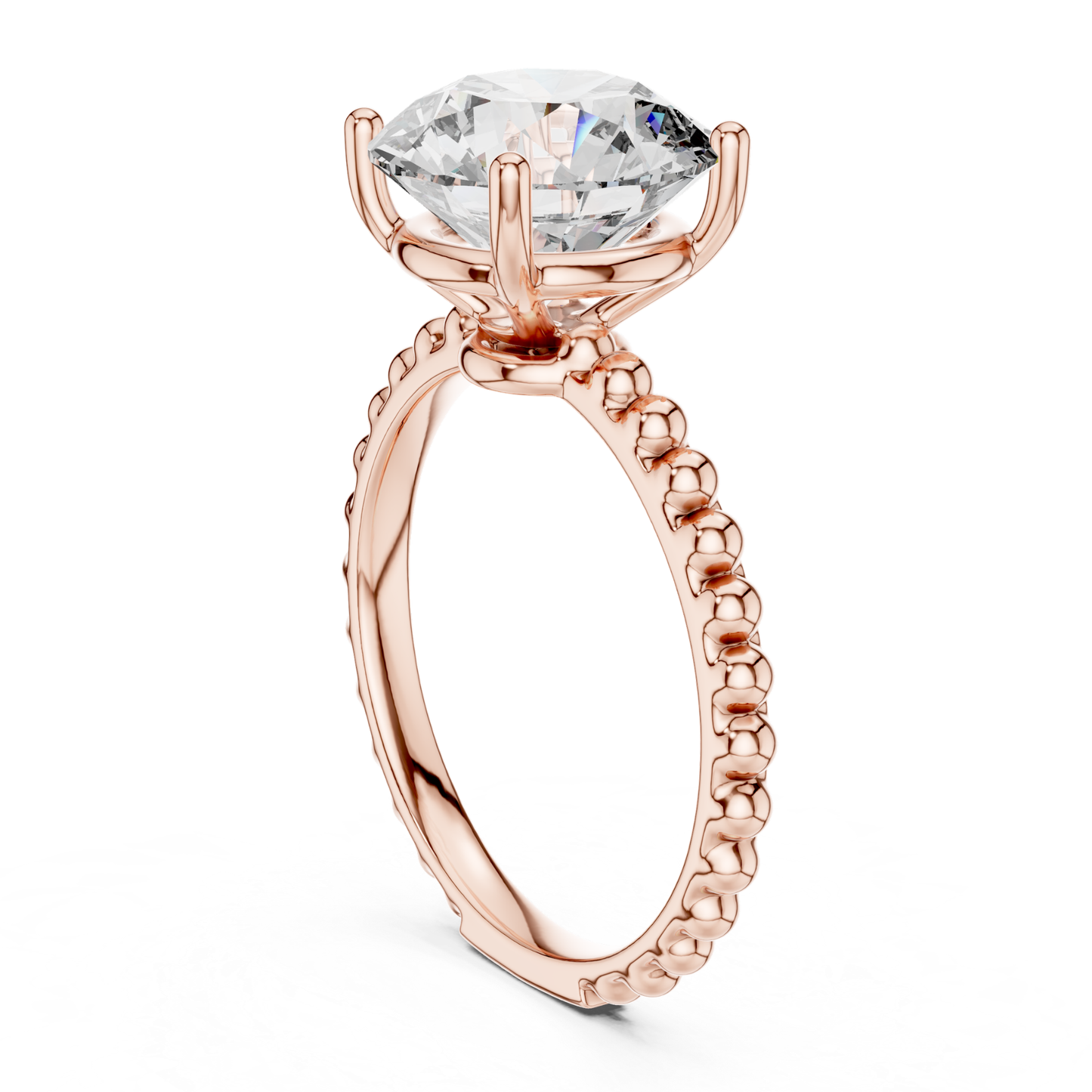 Rose gold round cut diamond beaded band profile view
Side profile of rose gold solitaire diamond ring
Rose gold ring with round diamond basket setting
Four prong round diamond ring side profile
Beaded band rose gold engagement ring profile
Raised round diamond rose gold ring view
Round solitaire ring with beaded rose gold shank
Rose gold prong set round diamond ring
Round diamond ring with beaded band profile
Rose gold solitaire ring with open basket setting