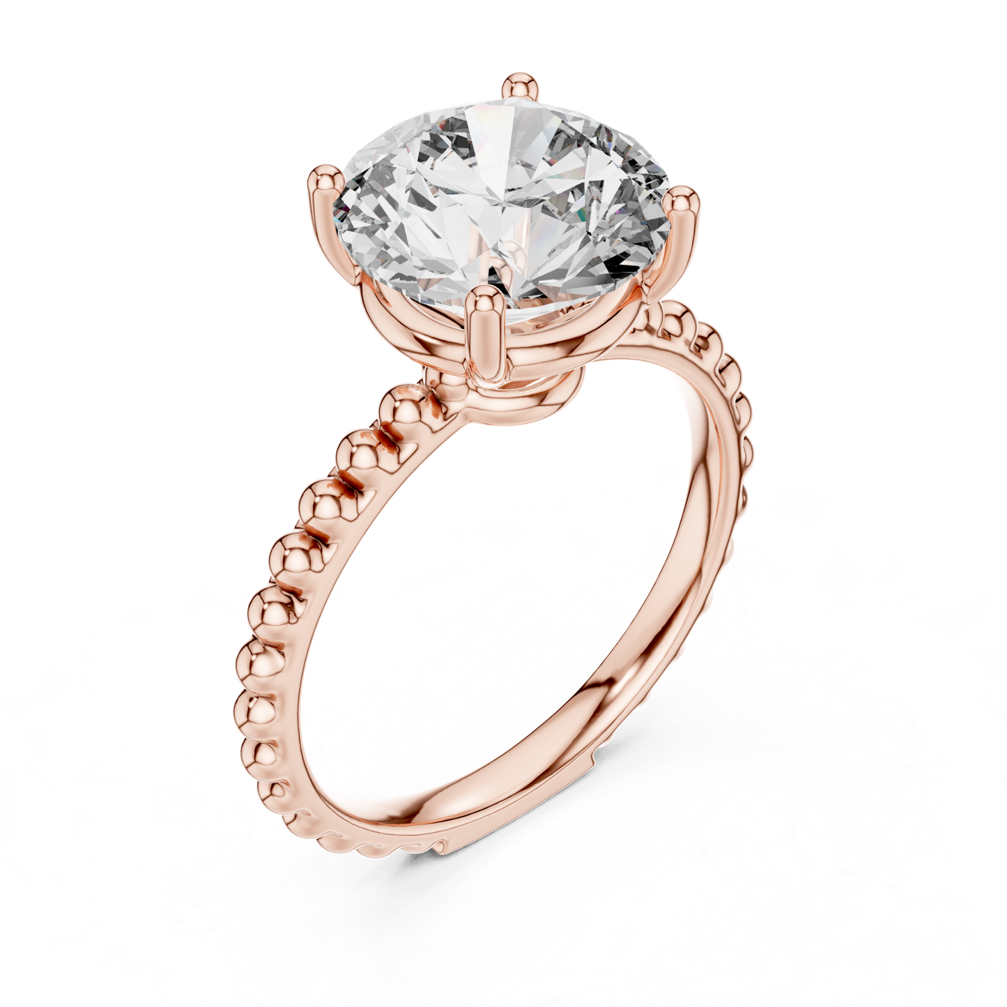Rose gold round cut diamond beaded band angled view
Rose gold solitaire ring with raised diamond setting
Round diamond beaded band engagement ring
Four prong round diamond rose gold ring
Rose gold ring with beaded shank detail
Angled view of round solitaire diamond ring
Polished rose gold round diamond ring
Round brilliant diamond ring with beaded band
Rose gold prong set solitaire ring
Beaded band round diamond rose gold engagement ring