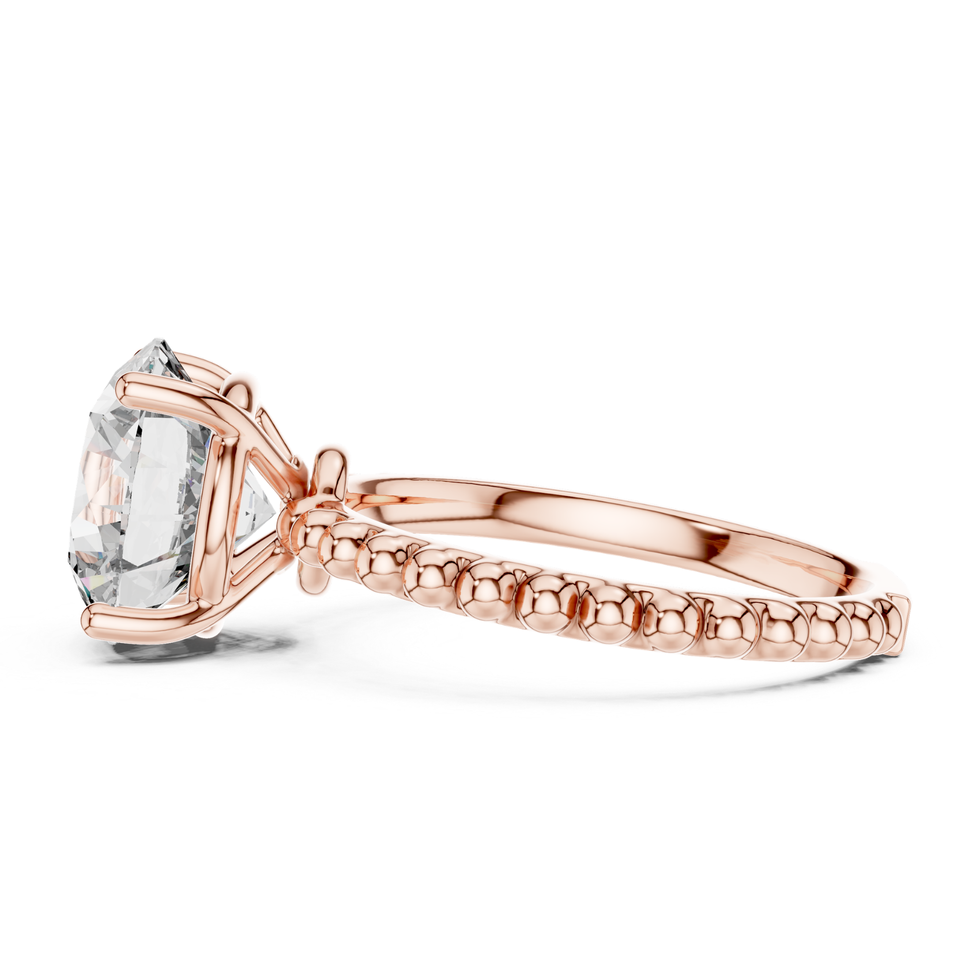 Rose gold round cut diamond beaded band side view
Side profile of rose gold round diamond ring
Rose gold solitaire ring with beaded shank
Four prong round diamond side view ring
Raised round diamond rose gold ring
Beaded band solitaire engagement ring side angle
Rose gold round diamond ring profile view
Classic beaded band round diamond ring
Polished rose gold solitaire side profile
Round diamond ring with beaded rose gold band