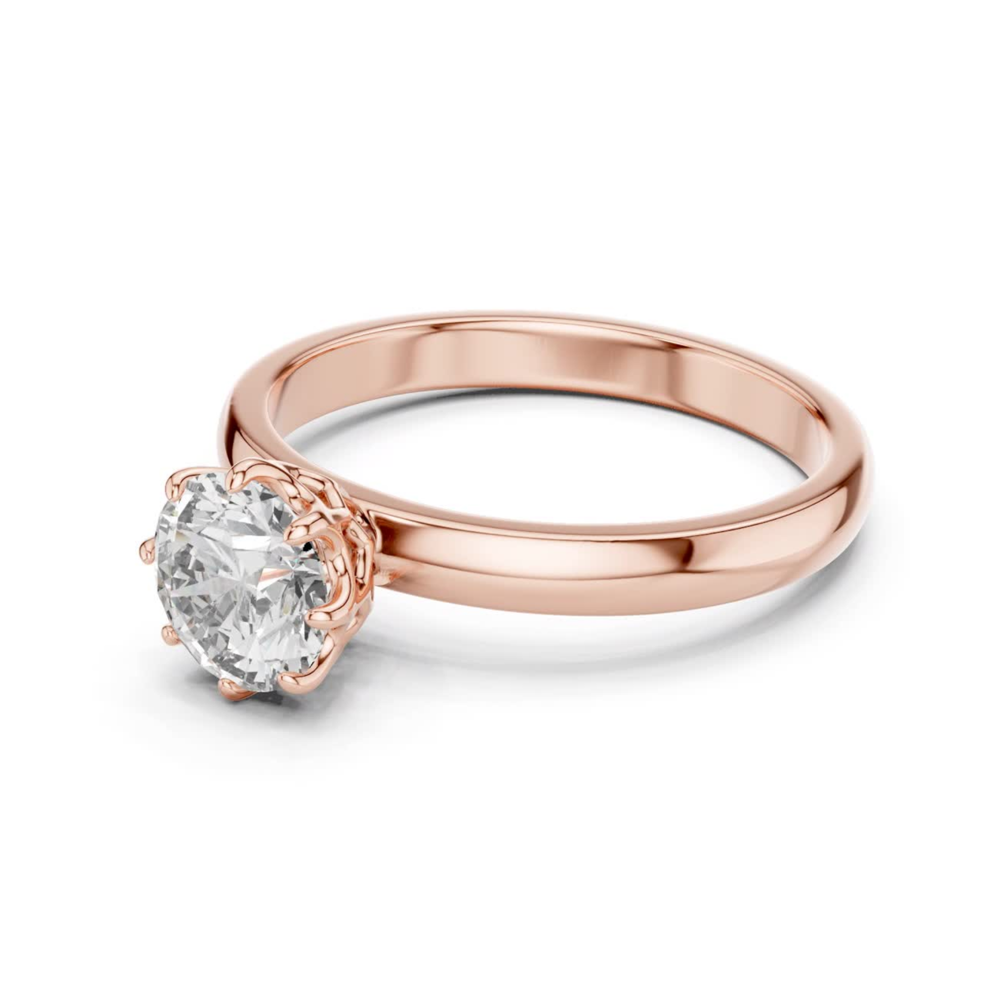 Rose gold round cut diamond ring angle view
Rose gold eight prong solitaire ring angle
Angled rose gold round diamond engagement ring
Rose gold polished diamond ring perspective
Round brilliant diamond ring with eight prongs
Rose gold elegant solitaire ring angle detail
Rose gold secure eight prong diamond setting
Rose gold classic round diamond ring profile
Rose gold minimal diamond ring side angle
Rose gold round diamond ring with slim band