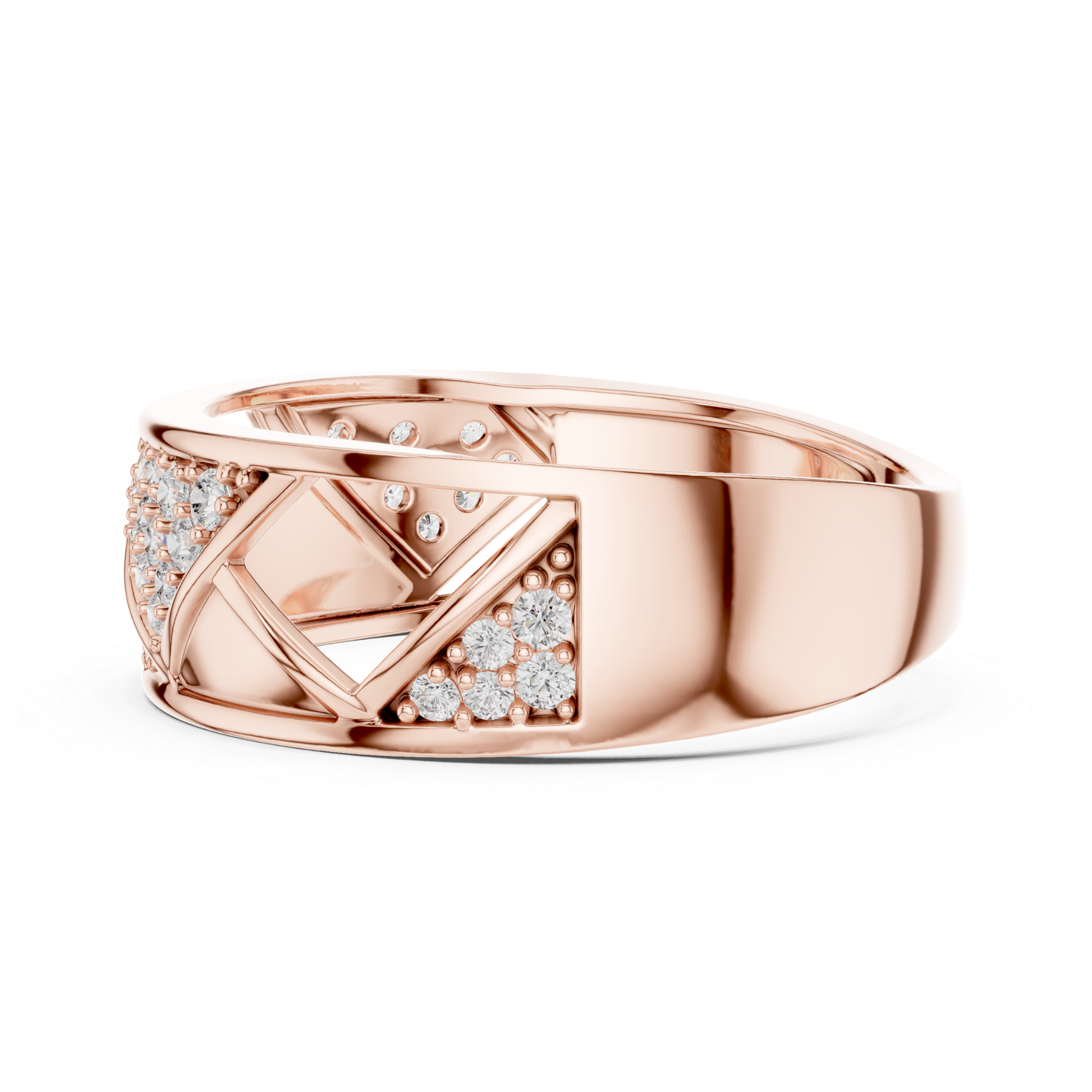 Rose gold geometric ring with round diamond accents
Modern rose gold diamond band ring for women
Elegant rose gold open pattern diamond ring
Rose gold designer ring with pave round diamonds
Luxury rose gold statement ring with diamonds
Unique rose gold criss cross diamond ring
Fine jewelry rose gold diamond fashion band
Stylish rose gold diamond ring closeup view
Handmade rose gold round diamond ring design
Rose gold wide band ring with diamond details