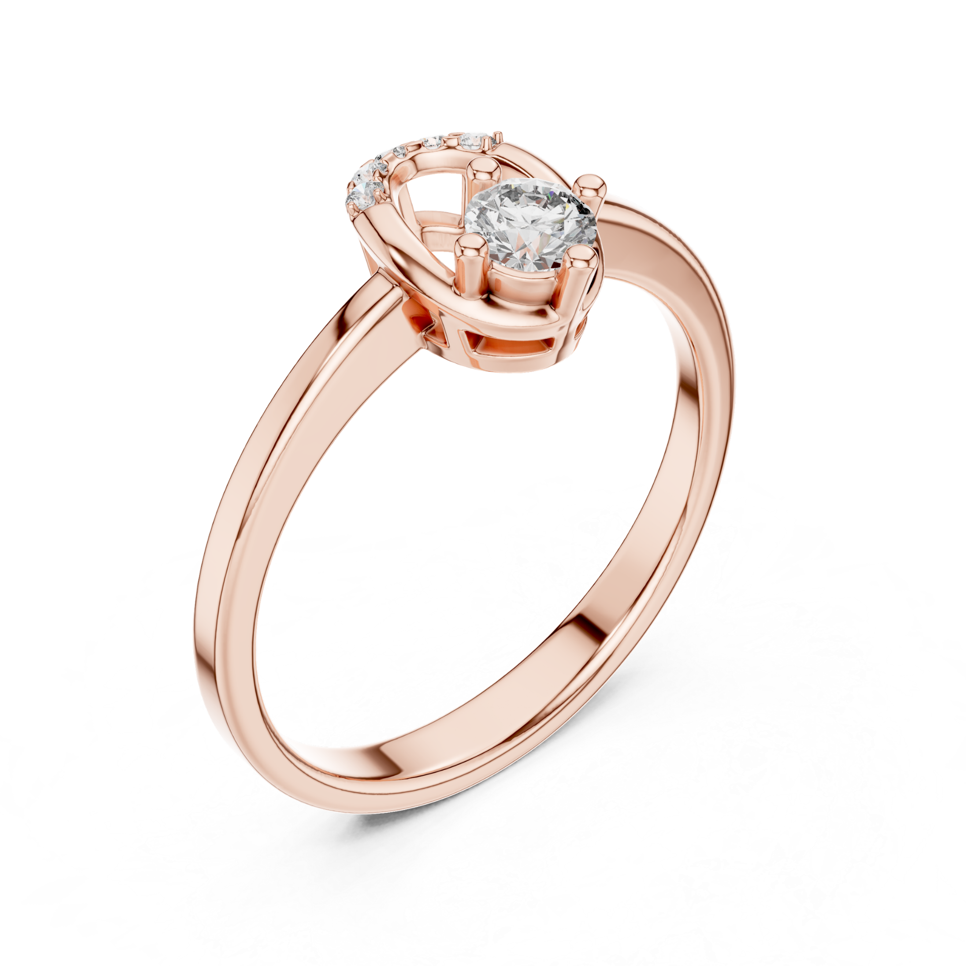 Rose gold round diamond ring angled perspective view
Solitaire diamond ring with curved halo detail in rose gold
Elegant rose gold ring with round cut center diamond
Angled view of rose gold engagement style ring
Minimal rose gold diamond ring with open gallery setting
Round diamond ring with polished rose gold band
Fine rose gold solitaire ring with accent diamonds
Modern rose gold ring with elevated diamond mount
Delicate round diamond ring with slim rose shank
Rose gold diamond ring with prong set 