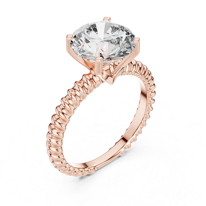 Rose gold round cut diamond rope band angled view
Rose gold solitaire ring with rope textured band
Round diamond ring with raised prong setting
Four prong rose gold round diamond ring
Angled view of rose gold engagement ring
Rope band round brilliant diamond ring
Rose gold solitaire ring with open basket
Polished rose gold round diamond ring
Round diamond ring with textured rose band
Classic rose gold solitaire rope band ring