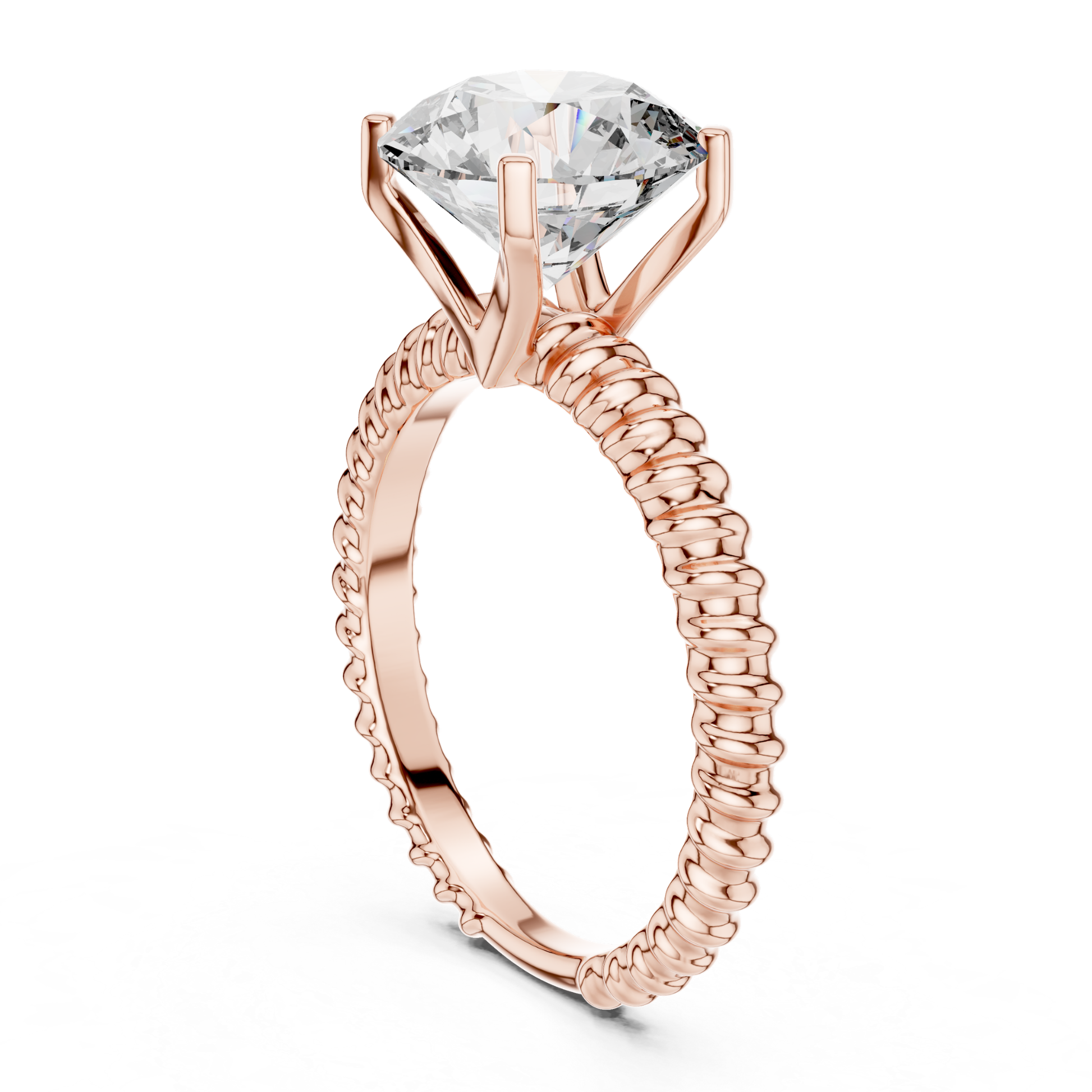 Rose gold round cut diamond rope band profile view
Side profile of rose gold solitaire diamond ring
Rose gold ring with open prong basket setting
Round diamond rope band engagement ring profile
Four prong rose gold round diamond ring
Raised round diamond rose gold ring side view
Rope texture rose gold solitaire ring profile
Open gallery round diamond rose gold ring
Rose gold round diamond ring with rope shank
Classic rose gold solitaire side profile ring