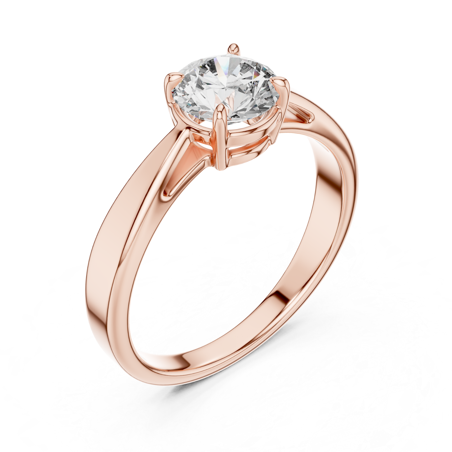 Rose gold round diamond ring from side angle
Rose gold tapered band solitaire ring profile
Angled rose gold round cut diamond ring
Rose gold polished diamond ring perspective
Round brilliant diamond ring with tapered band
Rose gold elegant solitaire ring side detail
Rose gold four prong diamond ring angle
Rose gold classic tapered diamond ring design
Raised round diamond setting in rose gold
Rose gold engagement ring with tapered shank