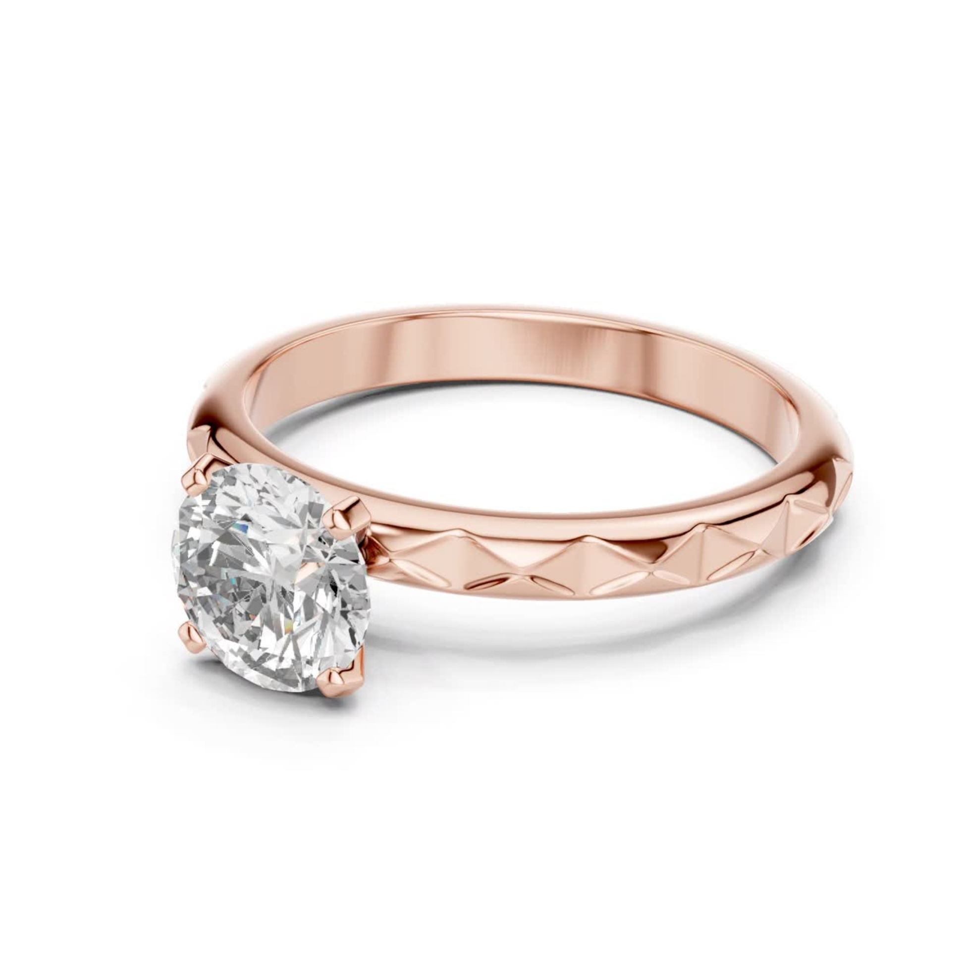 Rose gold round cut textured diamond ring angled view
Rose gold engraved band round diamond ring angled
Polished rose gold textured round diamond ring
Rose gold four prong round diamond ring design
Rose gold textured band solitaire diamond ring
Classic rose gold round diamond engagement ring
Elegant rose gold engraved diamond band ring
Minimal rose gold textured diamond ring design
Fine rose gold round solitaire diamond ring
Rose gold polished round textured band ring