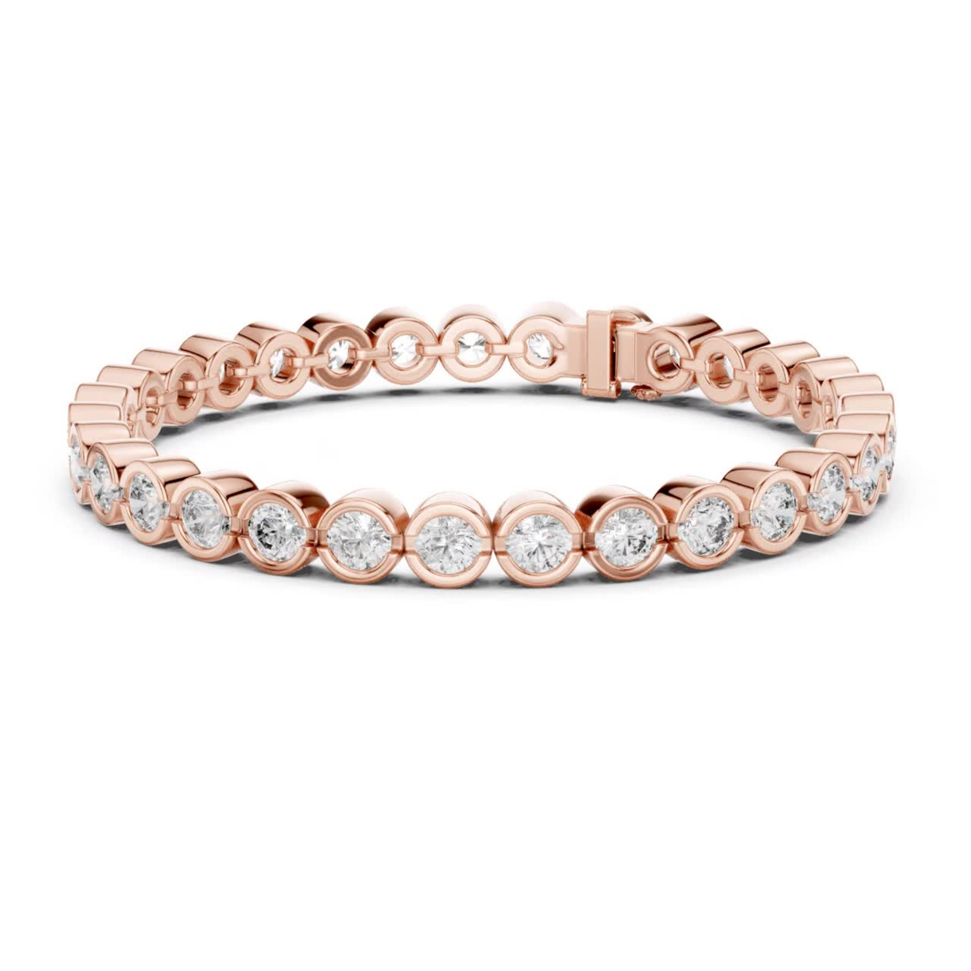 Rose gold round diamond circle link bracelet
Diamond bracelet with bezel framed stones
Rose gold diamond chain bracelet design
Round stone bracelet with linked settings
Rose gold diamond wrist bracelet
Continuous round diamond bracelet style
Circular diamond link bracelet in rose gold
Diamond bracelet with polished gold links
Round diamond bracelet with secure clasp
Rose gold luxury diamond bracelet