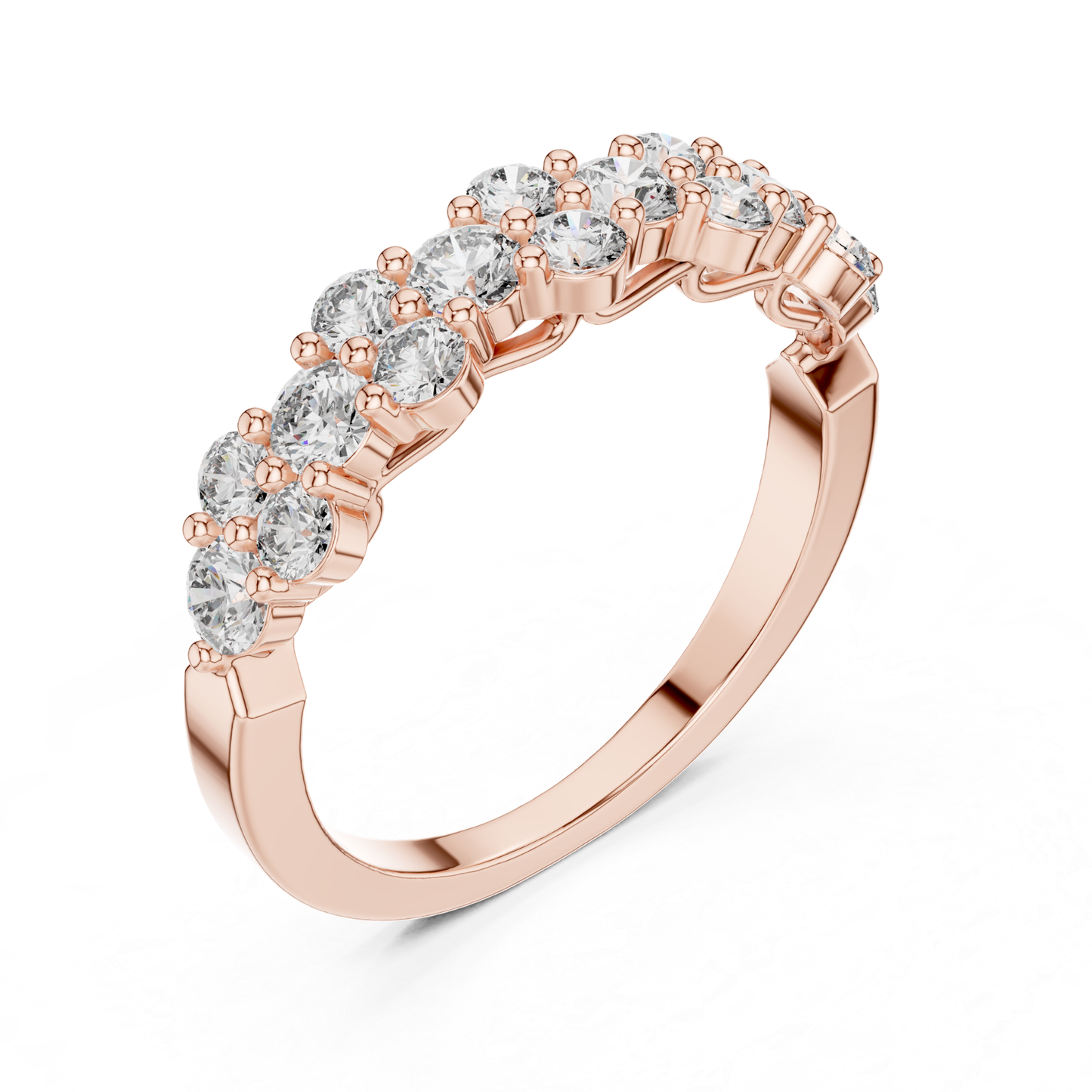 Perspective view rose gold diamond cluster band
Rose gold round diamond band ring angle
Diamond cluster wedding band perspective view
Rose gold multi diamond anniversary ring
Round diamond stackable band rose gold
Shared prong diamond band perspective angle
Rose gold floral diamond band ring
Minimal diamond cluster ring rose gold
Rose gold round diamond statement band
Angled rose gold diamond wedding band