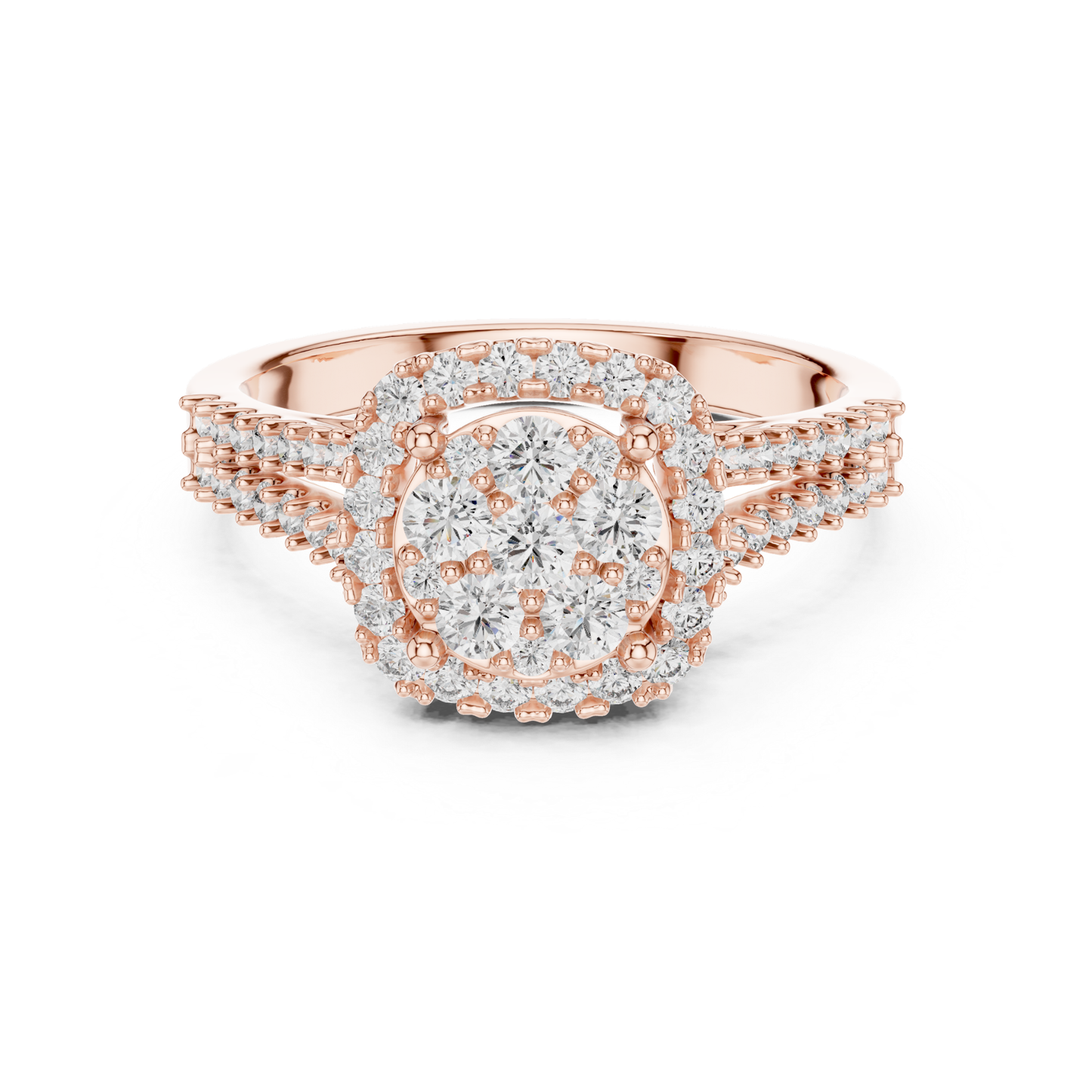 Rose gold round diamond cluster halo ring
Round diamond cluster ring in rose gold
Rose gold halo ring with round diamonds
Luxury rose gold diamond cluster engagement ring
Round diamond halo cluster ring front view
Elegant rose gold round diamond statement ring
Sparkling round diamond cluster ring with halo
Rose gold bridal ring with round diamonds
Premium round diamond cluster halo ring design
Rose gold ring with round diamond halo setting
