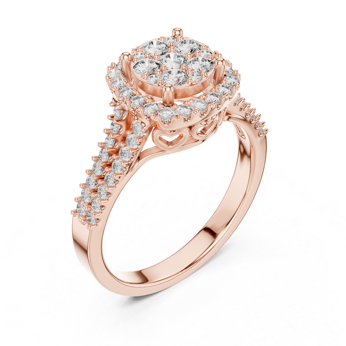 Angled view rose gold round diamond cluster halo ring
Rose gold round diamond halo ring perspective view
Round diamond cluster ring in rose gold angle view
Rose gold halo ring with round diamonds angled profile
Split shank rose gold diamond halo ring view
Rose gold round diamond cluster ring close-up
Luxury rose gold halo ring with pave diamonds
Rose gold ring with round diamond split shank
Elegant rose gold cluster halo ring angle view
Premium rose gold round diamond ring perspective