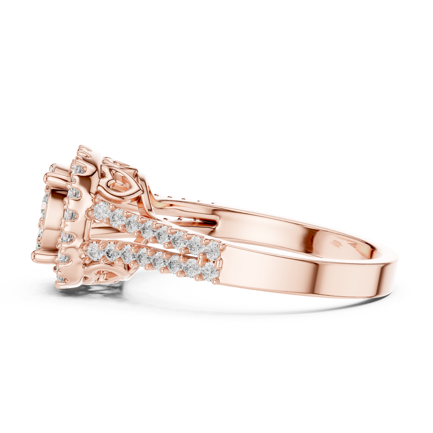 Side profile rose gold round diamond halo ring
Rose gold round diamond halo ring side view
Round diamond cluster ring in rose gold view
Rose gold halo ring with round diamonds profile
Split shank rose gold diamond ring side angle
Rose gold round diamond cluster ring side view
Luxury rose gold halo engagement ring profile
Rose gold ring with round diamond pave shank
Elegant rose gold cluster halo ring perspective
Premium rose gold round diamond ring view