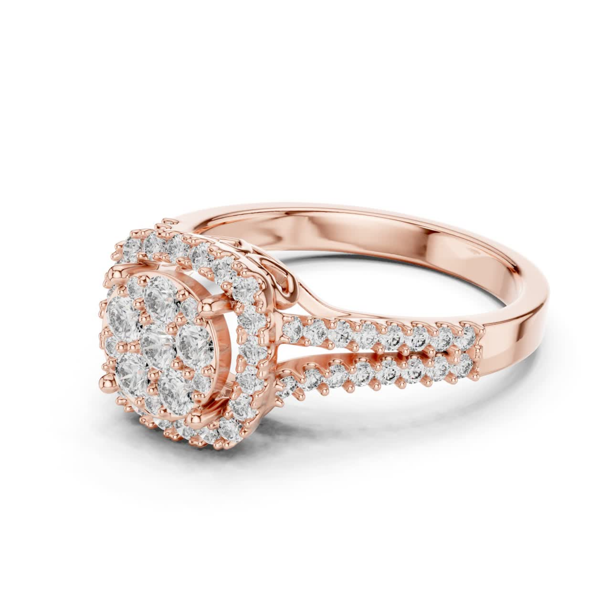 Side view rose gold round diamond cluster halo ring
Rose gold round diamond halo ring angled view
Round diamond cluster ring in rose gold side profile
Rose gold halo ring with round diamonds side view
Luxury rose gold diamond cluster ring perspective view
Split shank rose gold round diamond halo ring
Rose gold round diamond engagement ring side angle
Elegant rose gold cluster halo ring close-up
Premium rose gold round diamond ring side profile
Rose gold diamond cluster halo ring detailed side view