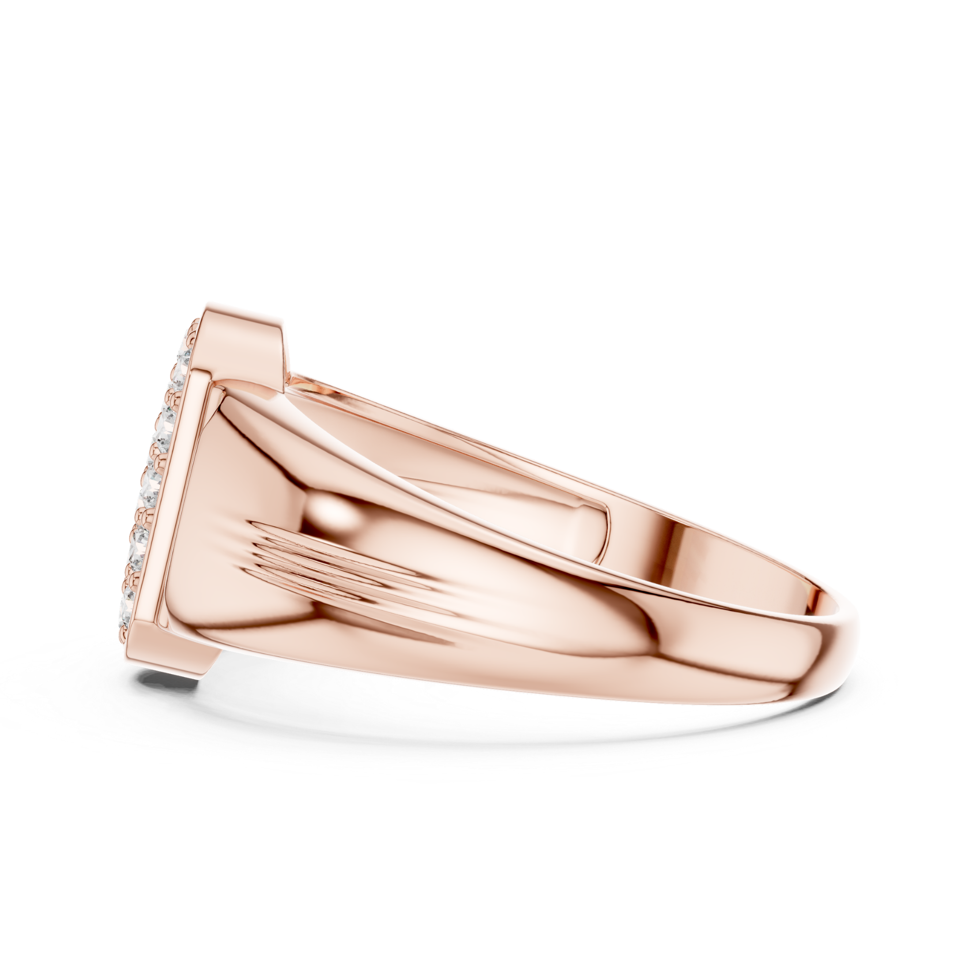 Rose gold cluster signet ring side profile
Side profile of diamond ring in rose gold
Rose gold statement ring with smooth band side view
Polished rose gold ring with sleek side profile
Round cut ring with polished rose gold band
Rose gold ring with rectangular top side
Elegant side profile of rose gold signet ring
Modern rose gold ring with tapered band profile
Luxury rose gold ring with polished detail
Rose gold diamond ring with bold tapered shank
