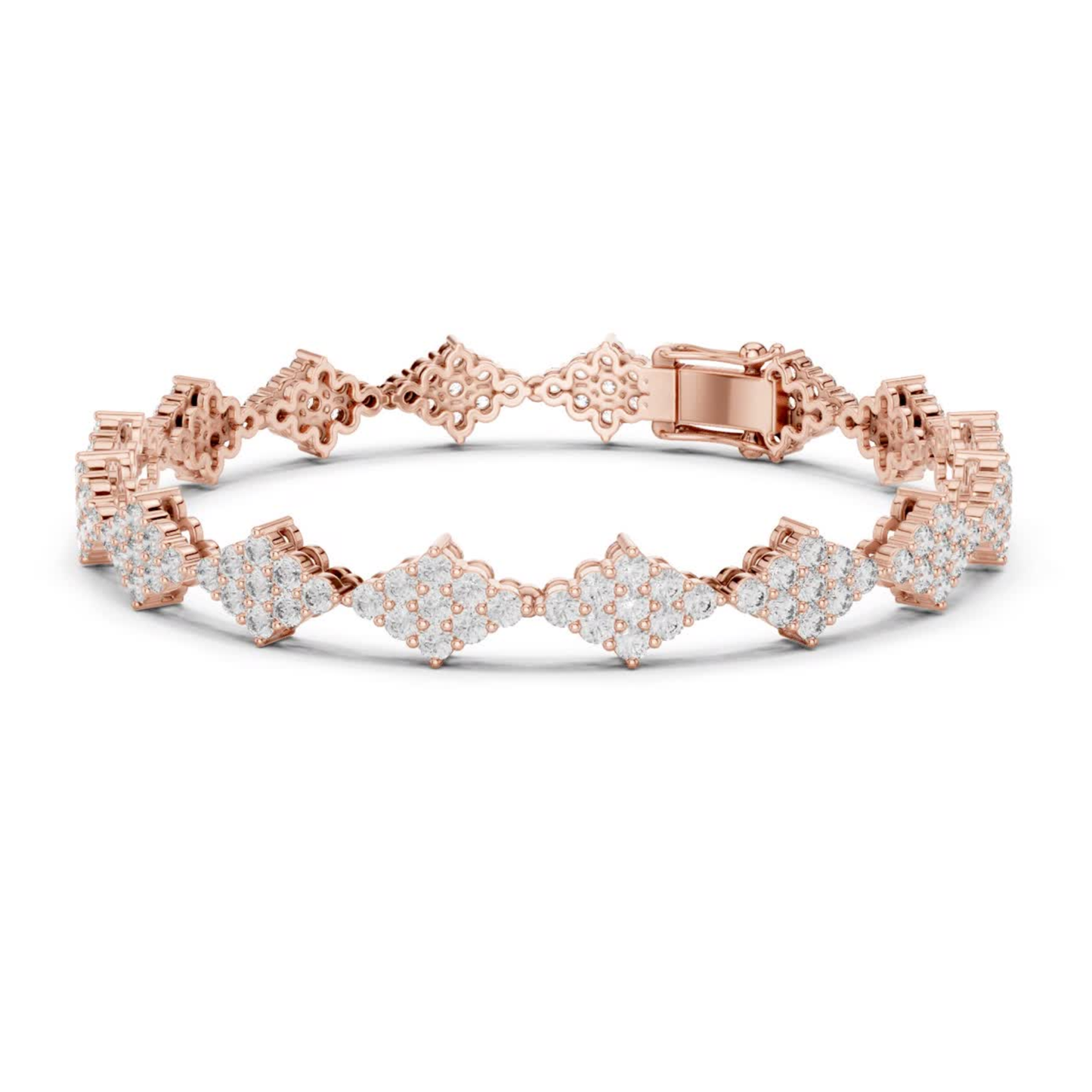 Rose gold round diamond cluster tennis bracelet side view
Side profile of rose gold round diamond bracelet
Round diamond cluster bracelet with side detailing
Rose gold diamond link bracelet angled view
Round diamond floral cluster bracelet side angle
Rose gold tennis bracelet with cluster settings
Side view round diamond bracelet with secure clasp
Diamond cluster link bracelet in rose gold setting
Rose gold bracelet featuring round diamond clusters
Angled view of round diamond cluster tennis bracelet