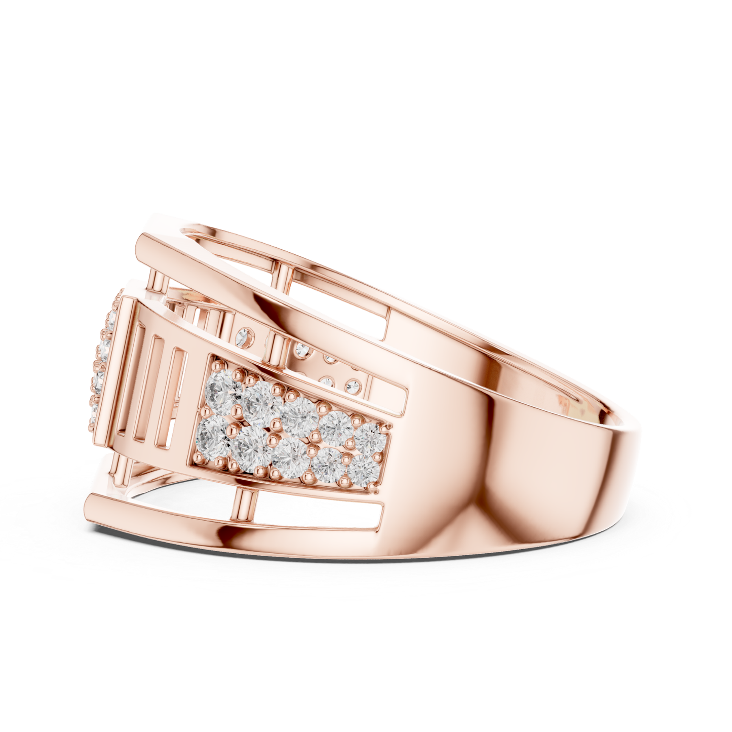 Rose gold contemporary band ring with round diamonds
Modern rose gold geometric diamond fashion ring
Elegant rose gold open frame diamond ring
Rose gold wide band ring with pave diamonds
Luxury rose gold statement ring for women
Stylish rose gold designer diamond band
Fine jewelry rose gold round diamond ring
Unique rose gold modern diamond ring closeup
Handmade rose gold geometric diamond ring
Rose gold sparkling diamond band ring design