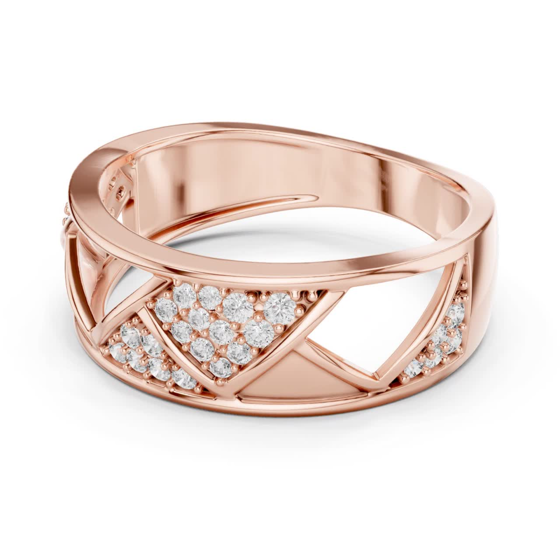 Side view rose gold ring with round diamond accents
Rose gold criss cross diamond ring side profile
Elegant rose gold geometric diamond band side view
Modern rose gold open design diamond ring
Luxury rose gold round diamond statement ring
Side angle rose gold pave diamond fashion ring
Designer rose gold lattice diamond ring for women
Unique rose gold diamond wedding band side view
Fine jewelry rose gold diamond ring closeup
Rose gold round diamond ring with open pattern