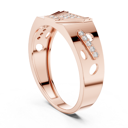 Rear angle geometric diamond rose gold band ring
Rose gold ring with diamond accent row
Diamond rose gold band featuring circular cutouts
Wide rose gold ring with geometric details
Contemporary rose gold band with diamond accents
Polished rose gold ring showcasing open elements
Modern rose gold band with structured design
Architectural rose gold ring with diamond setting
Rose gold statement band with geometric pattern
Bold rose gold ring with diamond accent bar