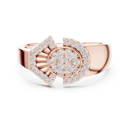Rose gold geometric diamond halo ring front view
Round diamond geometric halo ring in rose gold
Rose gold statement ring with round diamond center
Rose gold designer ring with geometric diamond pattern
Round cut diamond ring with polished rose gold band
Rose gold fashion ring with geometric halo top
Elegant rose gold ring with round diamond detail
Modern rose gold geometric ring with bold finish
Luxury rose gold diamond ring with halo design
Rose gold multi diamond ring with geometric setting