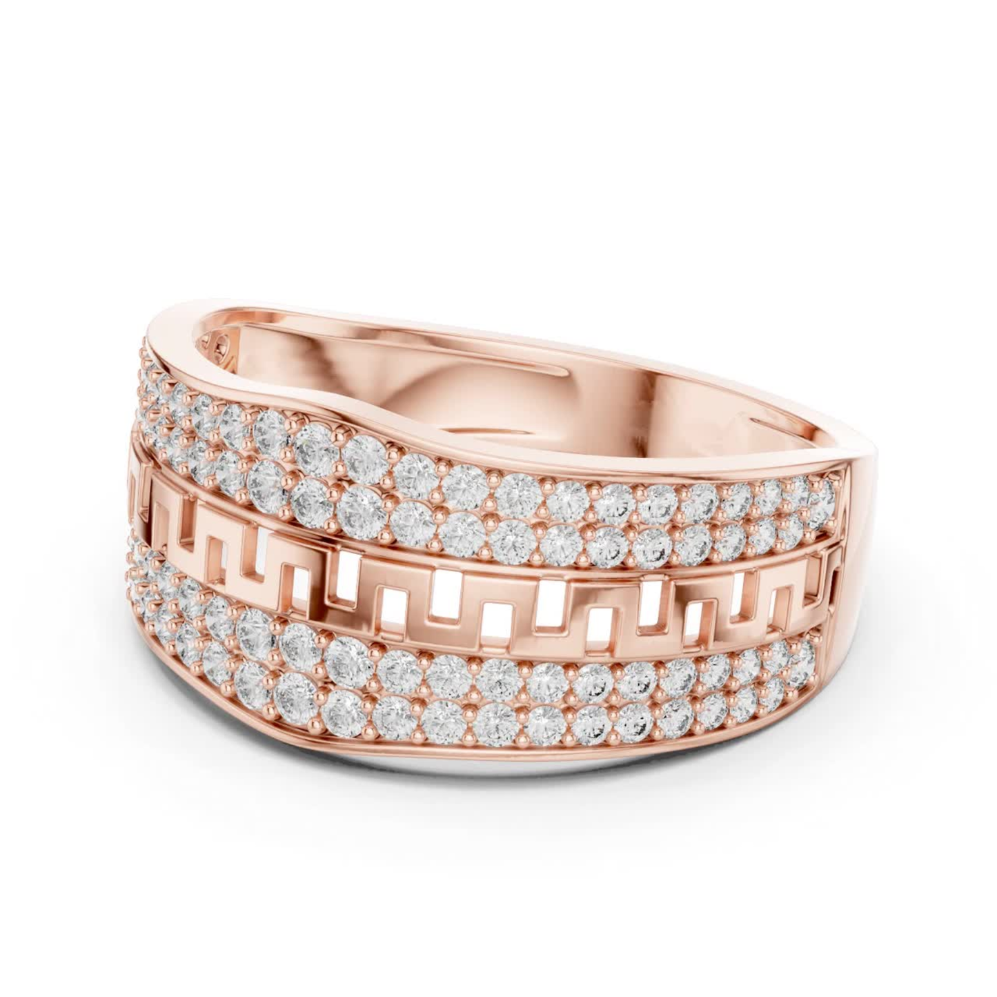 Rose gold round diamond Greek key band ring
Modern rose gold pave diamond fashion band
Rose gold geometric pattern diamond ring
Round diamond rose gold wide band ring
Rose gold luxury diamond statement band
Contemporary rose gold patterned ring design
Rose gold layered pave diamond band ring
Elegant rose gold round diamond fashion ring
Rose gold structured geometric diamond band
Round diamond rose gold patterned wide ring