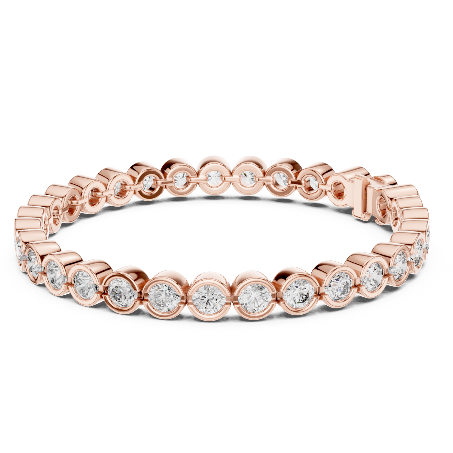 Rose gold round diamond halo link bracelet
Round diamond circle frame bracelet in rose gold
Rose gold diamond bracelet with linked bezels
Diamond halo station bracelet design
Rose gold bracelet with round brilliant stones
Circular diamond link bracelet with clasp
Rose gold diamond chain tennis bracelet
Round stone bracelet with polished gold finish
Diamond bracelet featuring circle settings
Rose gold round diamond wrist bracelet