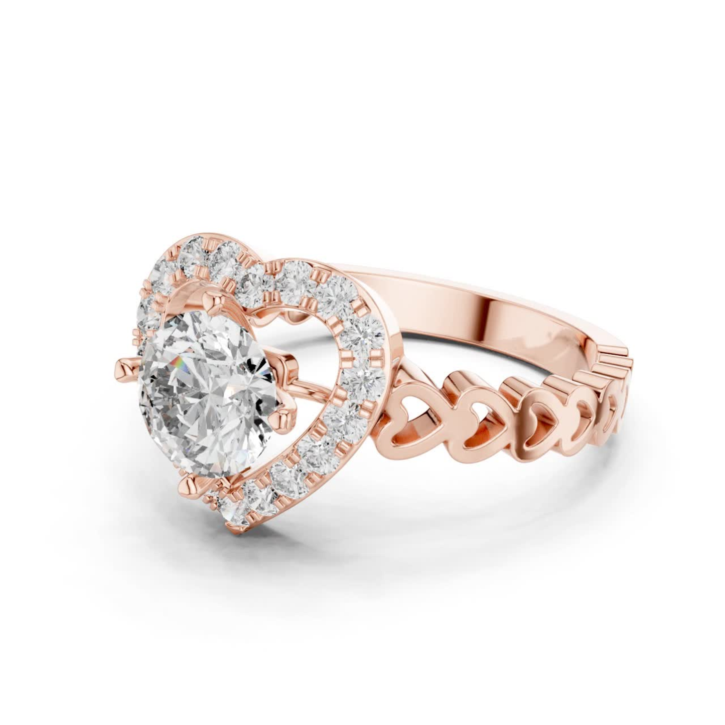 Rose gold round diamond heart halo ring side view
Angled rose gold heart halo diamond ring design
Rose gold heart shaped diamond ring side angle
Round diamond rose gold heart halo ring profile
Rose gold polished heart halo diamond ring design
Rose gold heart frame round diamond ring angle
Modern rose gold heart halo diamond ring style
Rose gold diamond heart ring with open gallery
Elegant rose gold heart halo engagement ring
Rose gold round diamond heart ring side profile