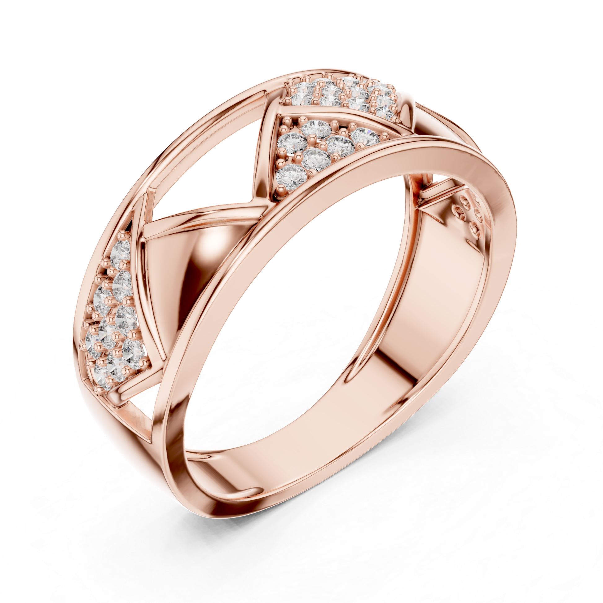 Rose gold open geometric ring with round diamonds
Elegant rose gold diamond crossover ring design
Modern rose gold pave diamond fashion ring
Rose gold criss cross ring with round diamond accents
Luxury rose gold statement ring for women
Stylish rose gold diamond band with open pattern
Fine jewelry rose gold round diamond ring
Unique rose gold geometric diamond ring closeup
Handmade rose gold diamond ring modern style
Rose gold designer ring with sparkling diamonds