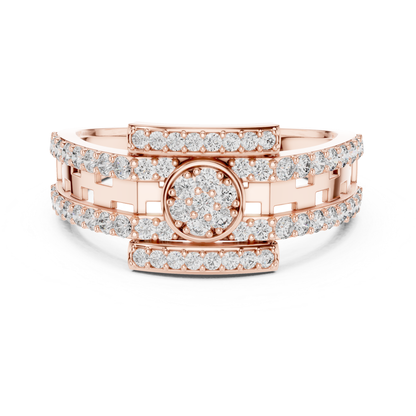 Rose gold openwork round diamond ring front view
Round diamond rose gold designer band ring
Rose gold layered diamond accent ring
Modern rose gold open gallery diamond ring
Wide rose gold ring with round diamonds
Rose gold circular diamond centerpiece ring
Contemporary rose gold diamond fashion ring
Rose gold structured band with diamond details
Luxury rose gold round diamond band ring
Rose gold decorative diamond statement ring