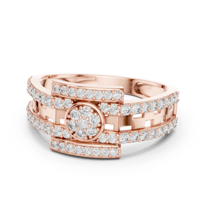 Angled view rose gold round diamond openwork ring
Rose gold circular diamond centerpiece band ring
Round diamond rose gold designer fashion ring
Modern rose gold geometric diamond ring profile
Rose gold open gallery ring with diamonds
Luxury rose gold round diamond statement ring
Contemporary rose gold diamond accent band
Rose gold structured ring with round diamonds
Designer rose gold openwork diamond ring view
Rose gold architectural round diamond ring angle