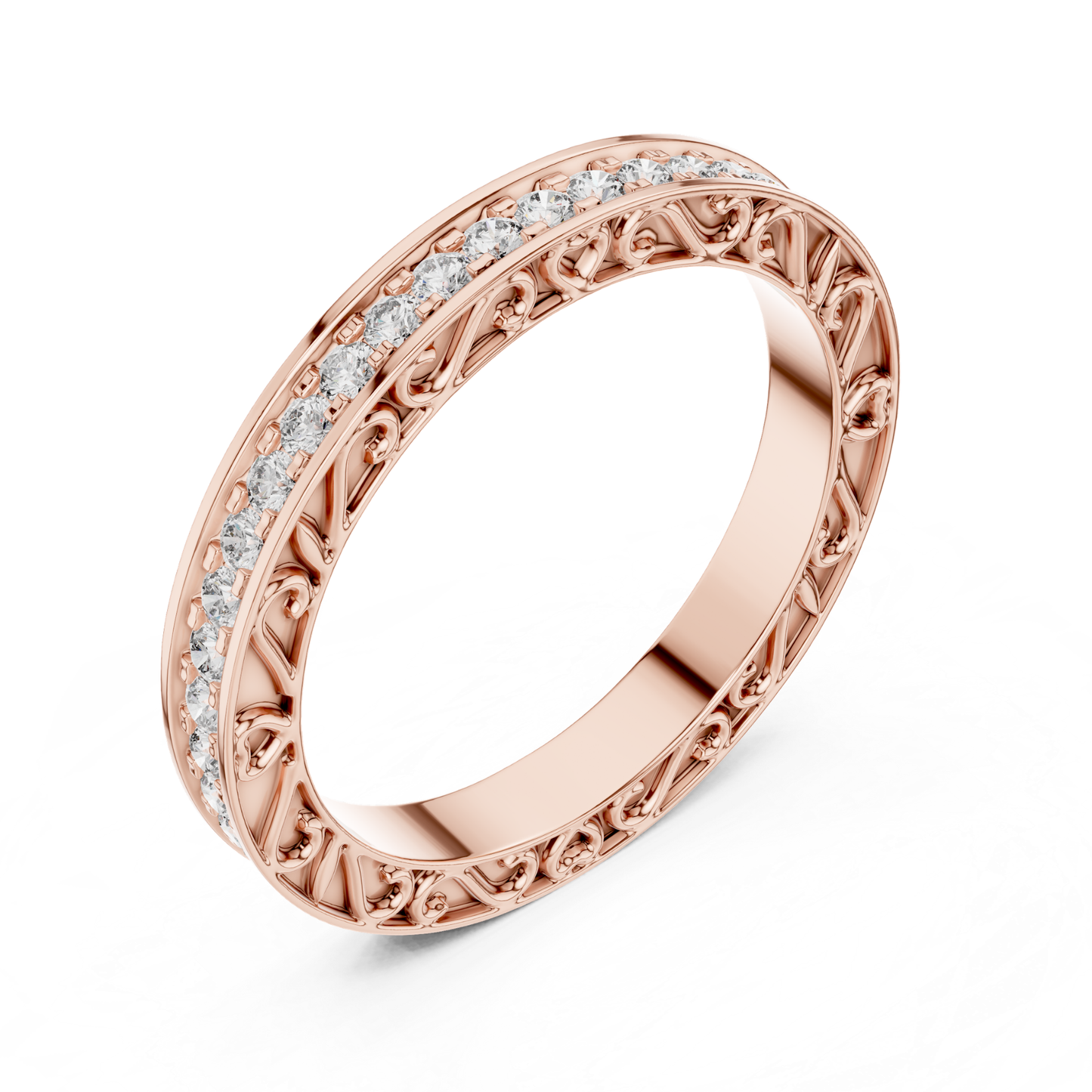 Rose gold round diamond ornate eternity band
Rose gold diamond eternity wedding ring
Round diamond band in rose gold setting
Ornate rose gold diamond band ring
Rose gold anniversary band with diamonds
Decorative eternity ring with round diamonds
Fine jewelry rose gold diamond band
Elegant rose gold eternity ring for women
Rose gold vintage style diamond band
Rose gold round diamond wedding band