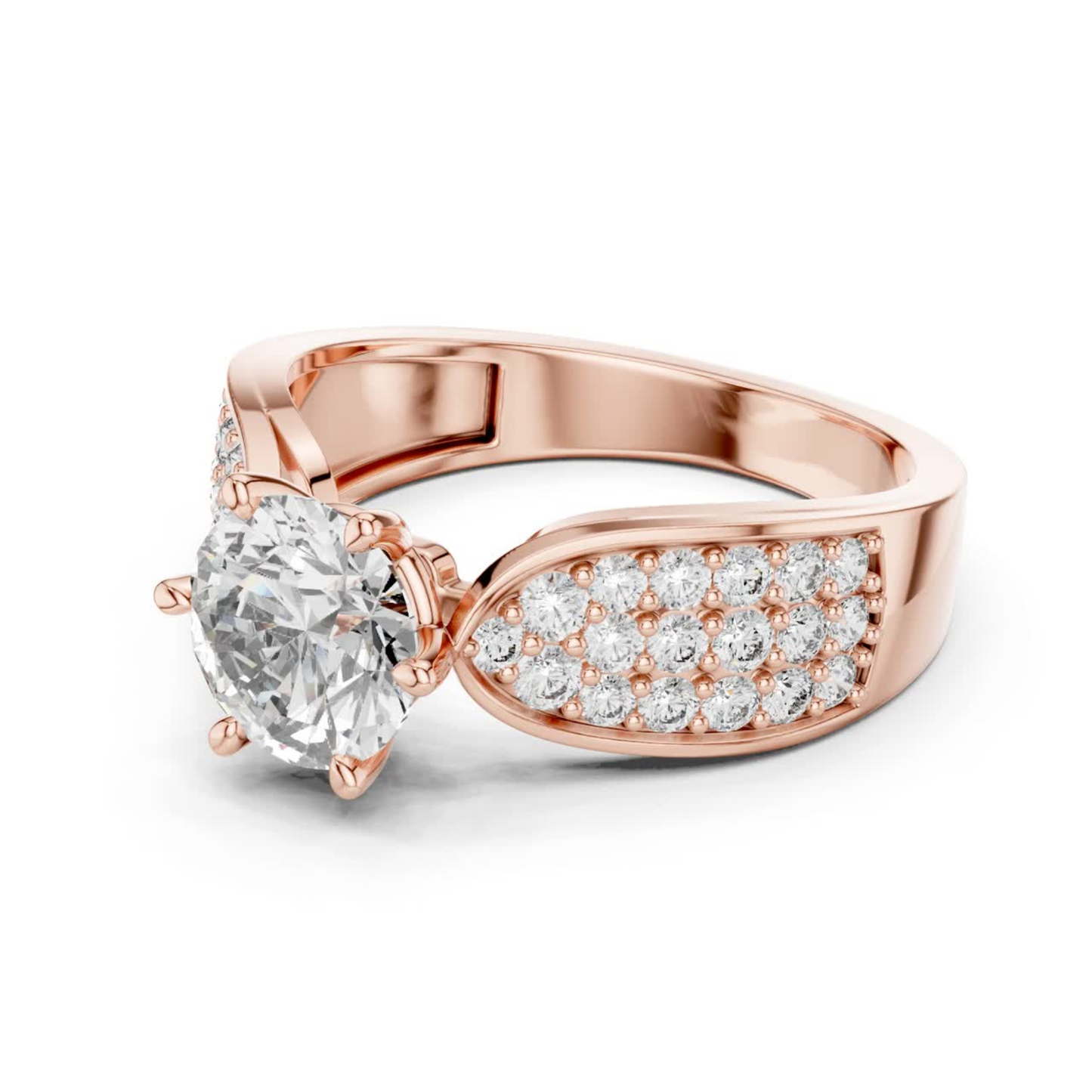 Rose gold round diamond pave solitaire ring side view
Angled rose gold pave band with round diamond
Rose gold polished pave diamond ring side profile
Round diamond rose gold pave band ring angle
Six prong rose gold round diamond pave ring
Rose gold tapered pave diamond ring side design
Modern rose gold solitaire pave ring profile
Rose gold wide pave band diamond ring angle
Elegant rose gold round diamond side profile
Rose gold brilliant diamond pave ring design