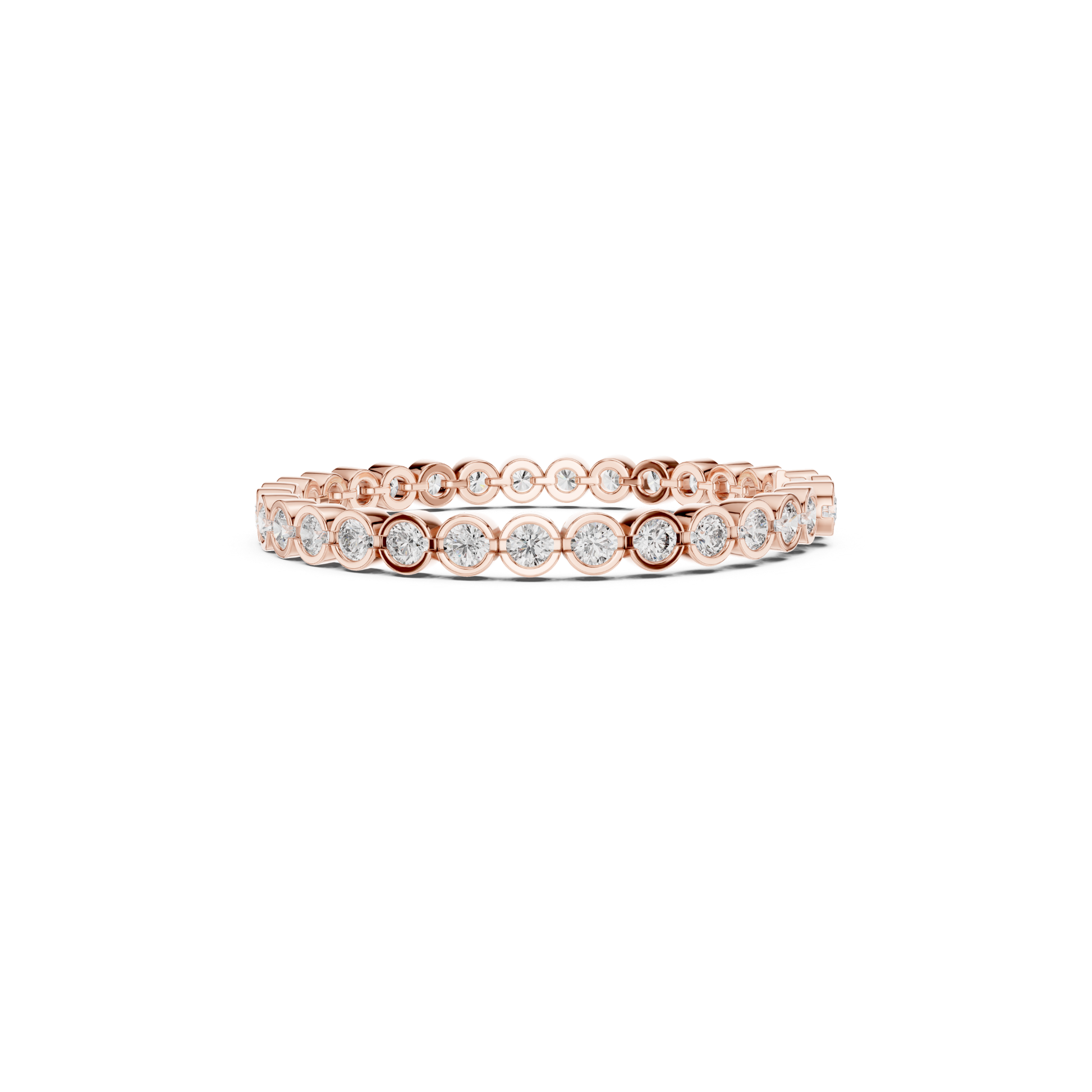 Rose gold round diamond station tennis bracelet
Circular diamond link bracelet in rose gold
Rose gold bracelet with bezel framed diamonds
Round diamond bracelet with polished links
Rose gold diamond circle chain bracelet
Diamond station bracelet with round stones
Rose gold bracelet featuring diamond circles
Linked round diamond bracelet design
Rose gold diamond bracelet front profile
Round brilliant diamond station bracelet
